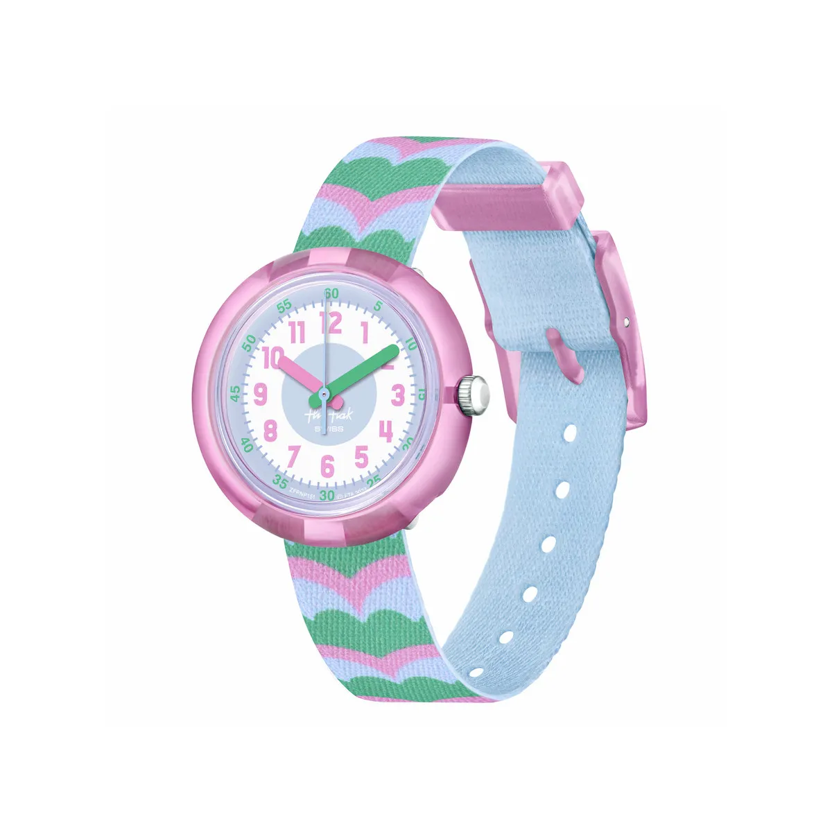 Montre Flik Flak Organized Chaos Retro Scales enfant bracelet pet recyclé bleu