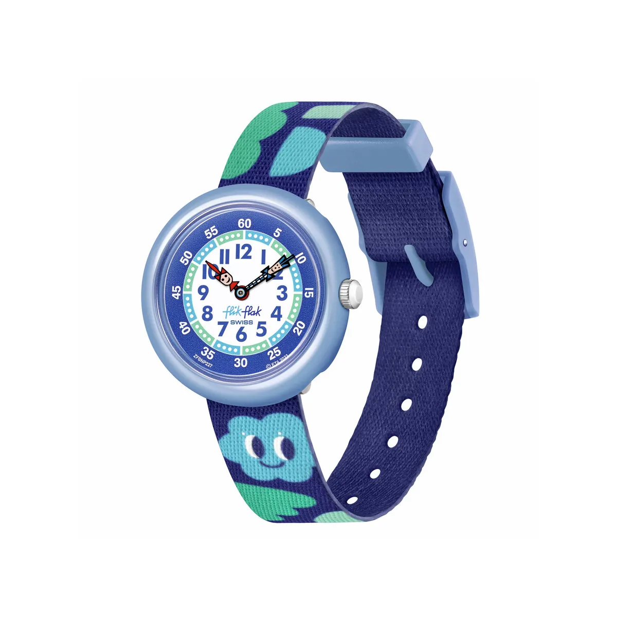 Montre Flik Flak Organized Chaos Smiling Clouds enfant bracelet pet recyclé bleu