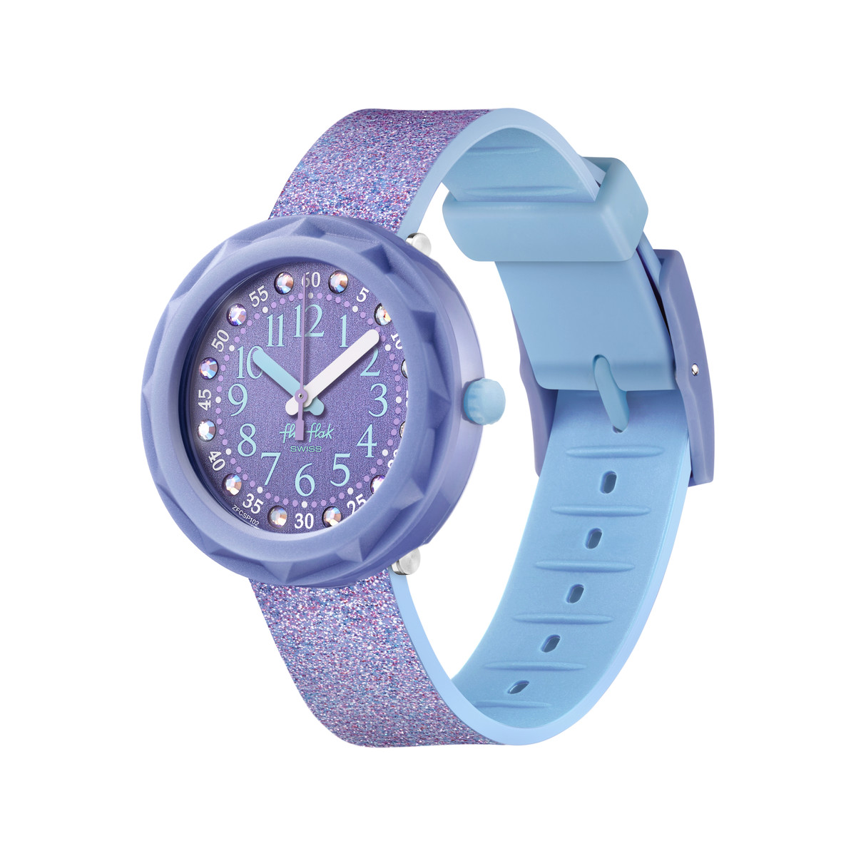Montre Flik Flak Shine bright Lilaxus enfant plastique biosourcé bracelet PET recyclé violet