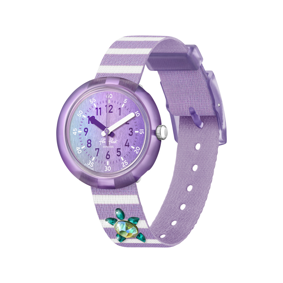 Montre Flik Flak Shine bright Shining turtle enfant bracelet plastique biosourcé violet