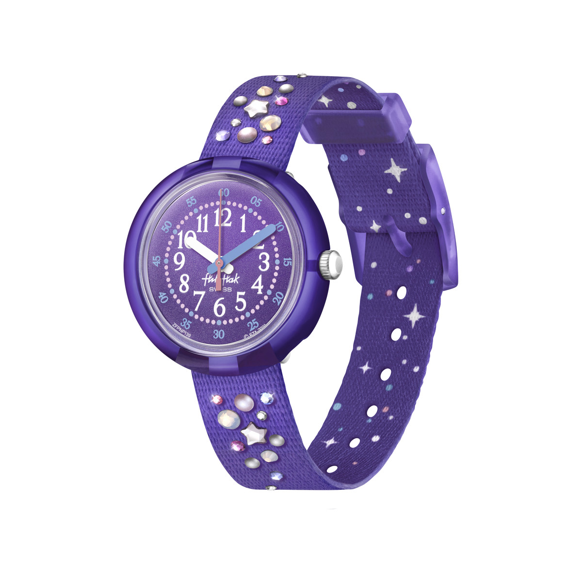 Montre Flik Flak Shine bright Stargazing enfant plastique biosourcé bracelet PET recyclé violet