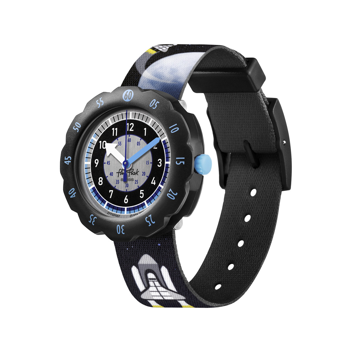Montre Flik Flak Space trip Moon and back enfant plastique biosourcé bracelet PET recyclé noir