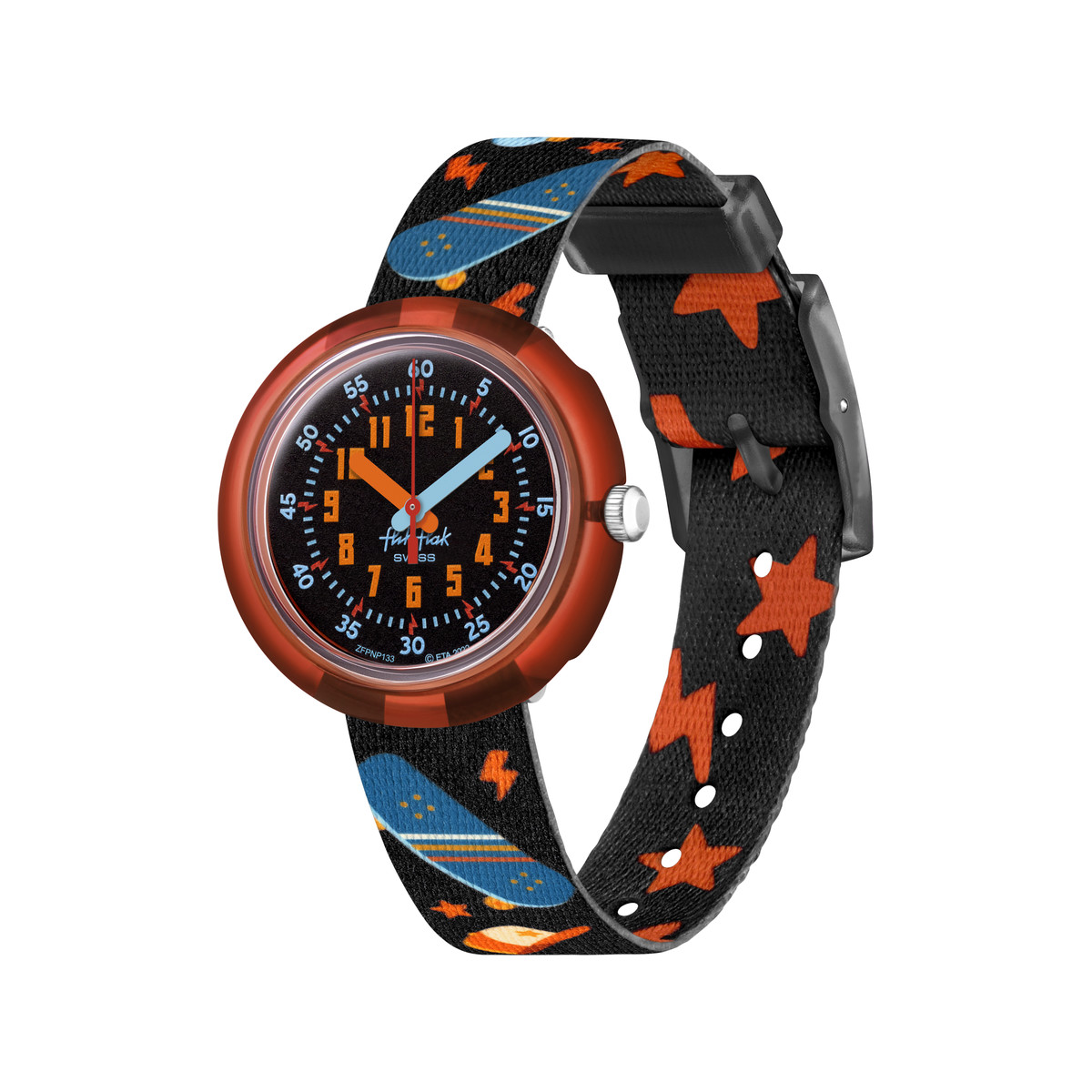 Montre Flik Flak Sport lovers Skate squad enfant plastique biosourcé bracelet PET recyclé noir