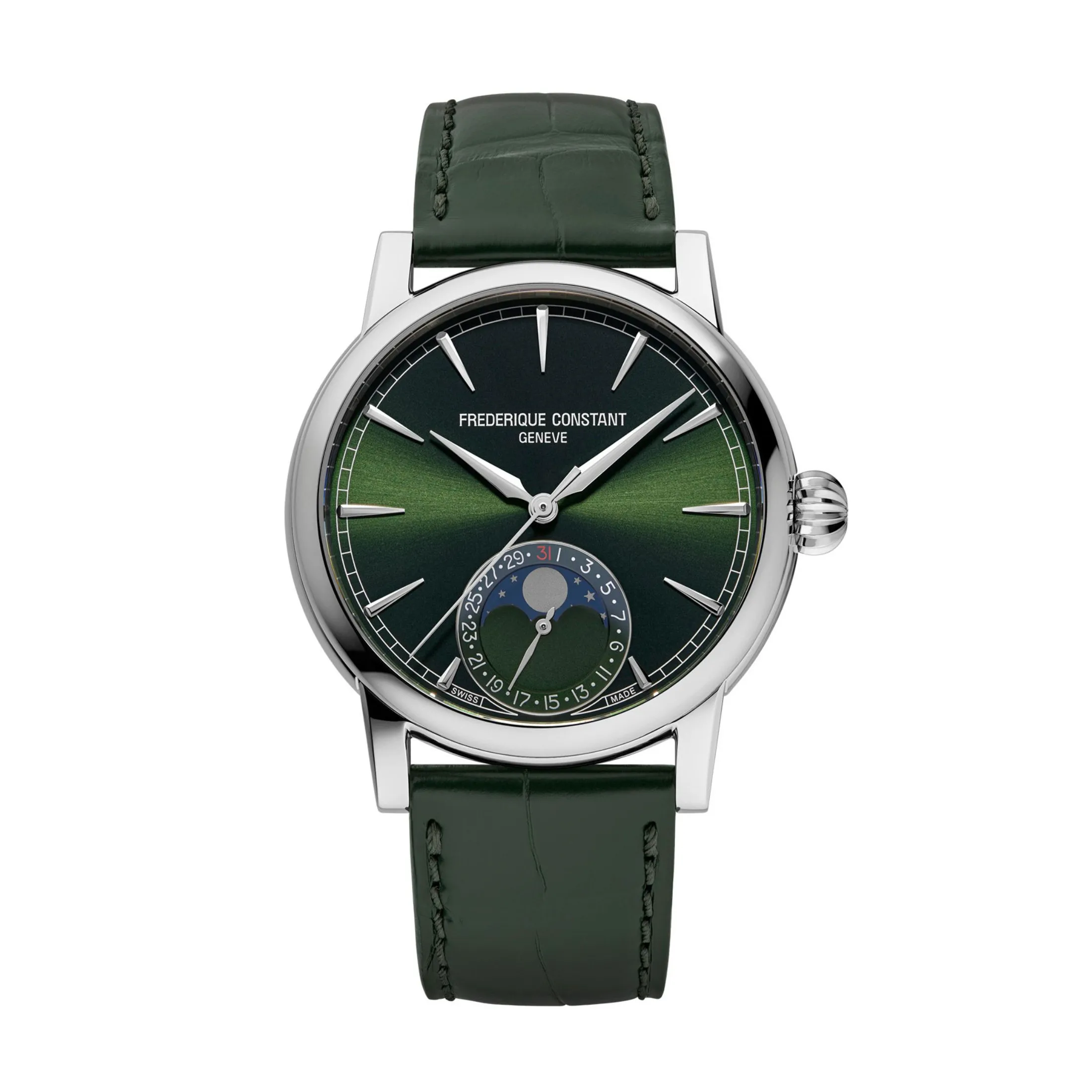 Montre Frédérique Constant Classic Moonphase Date automatique cadran vert bracelet cuir alligator vert 40 mm