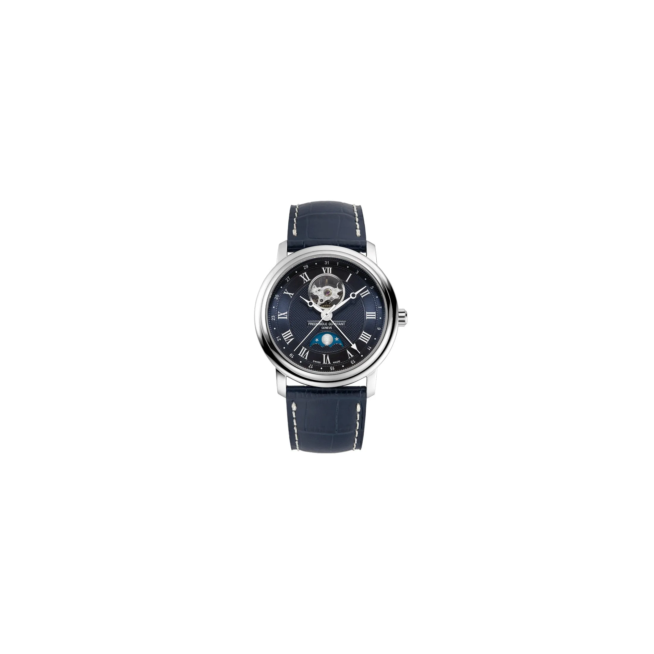 Montre Frédérique Constant Classics Heart Beat Moonphase Date automatique cadran bleu bracelet cuir 40 mm