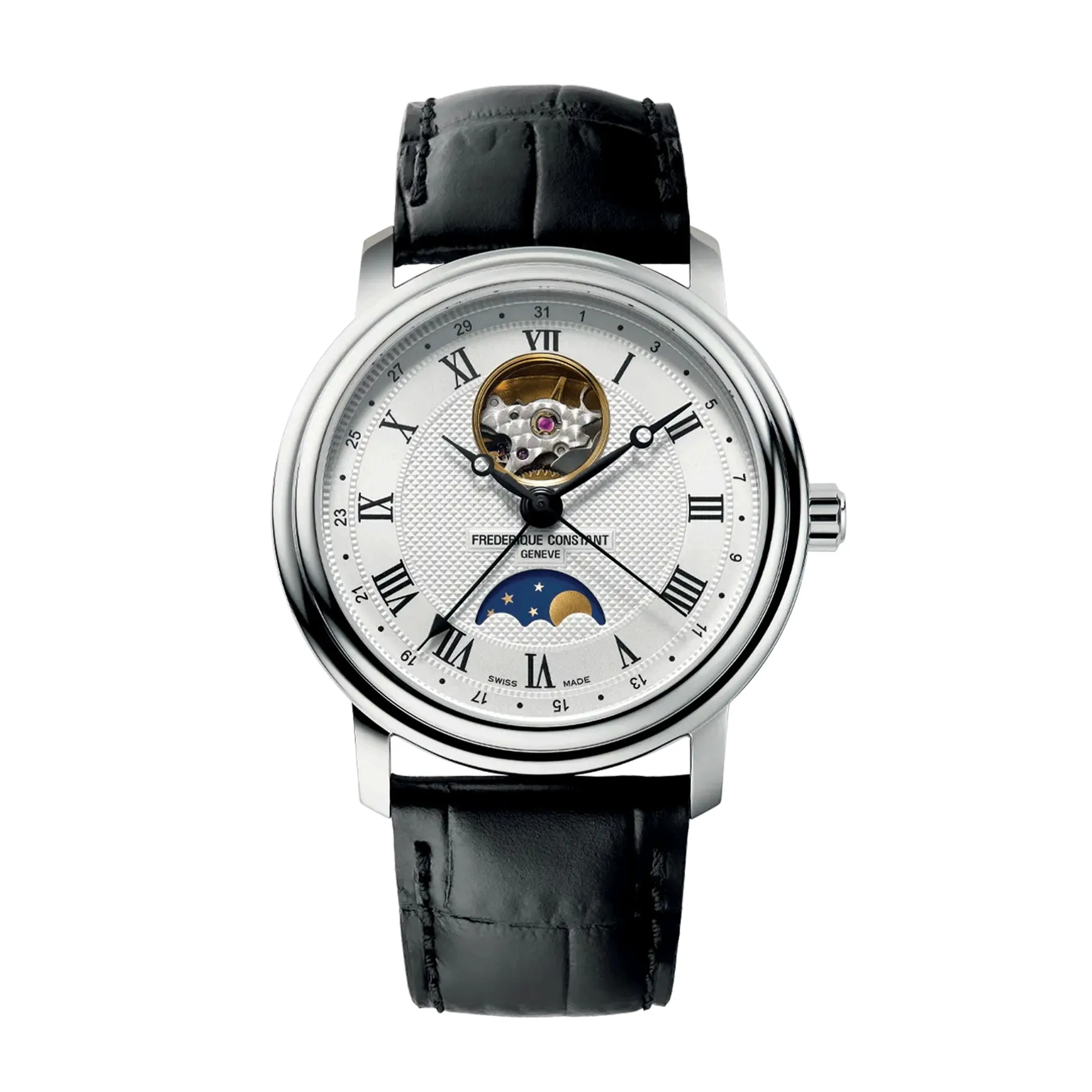 Montre Frédérique Constant Classics Heart Beat Moonphase Date automatique cadran argenté bracelet cuir 40 mm