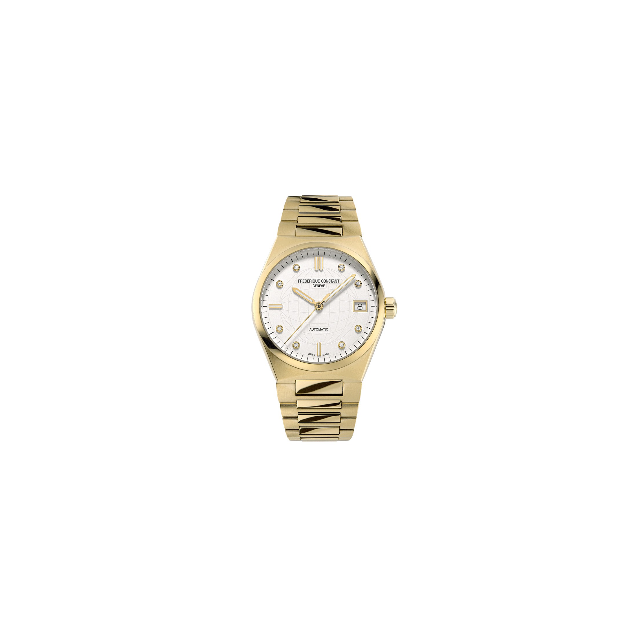 Montre Frédérique Constant Highlife Ladies Automatic PVD or jaune cadran blanc et diamants bracelet acier 34 mm