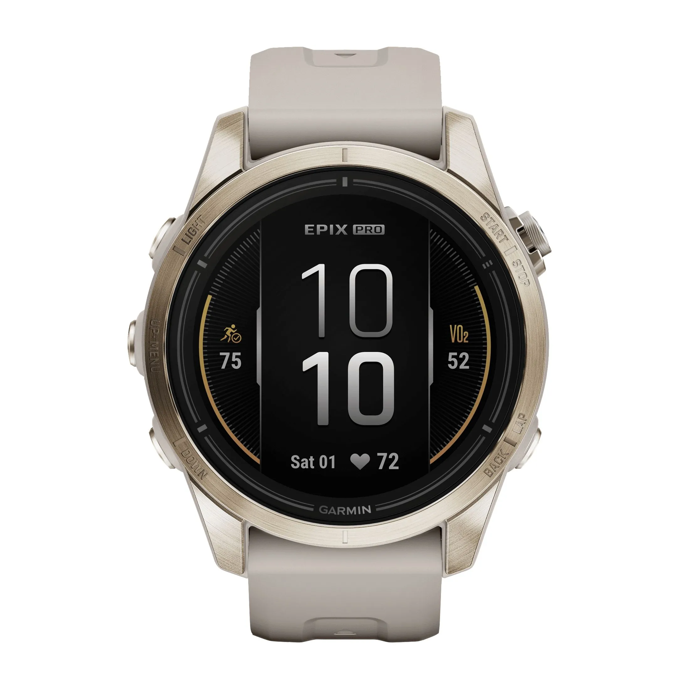 Montre Garmin Epix Pro (Gen2) Sapphire Edition Titane Light Gold bracelet silicone beige 42 mm