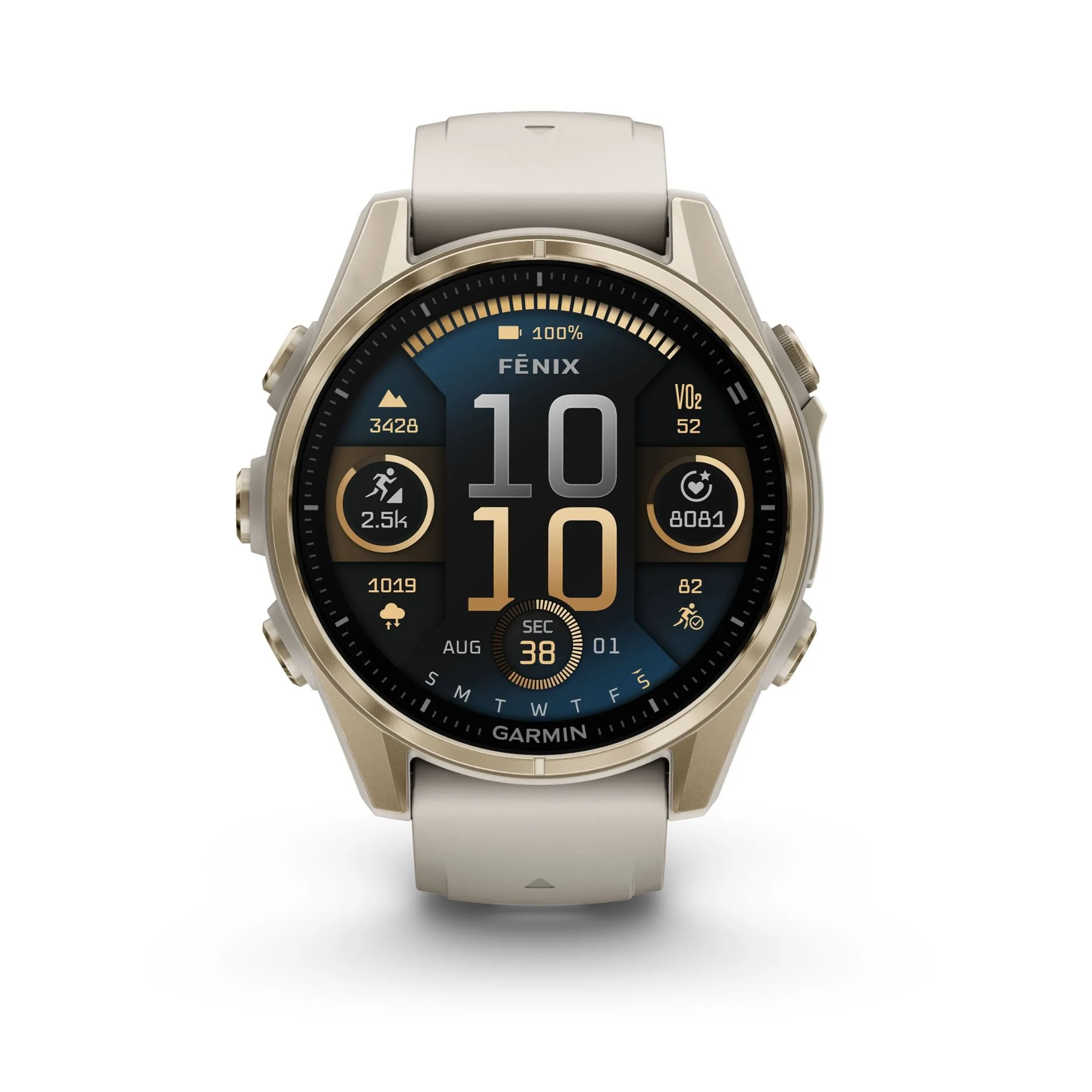 Montre Garmin Fénix 8 AMOLED Sapphire Titane Soft Gold bracelet silicone gris cendré 43 mm