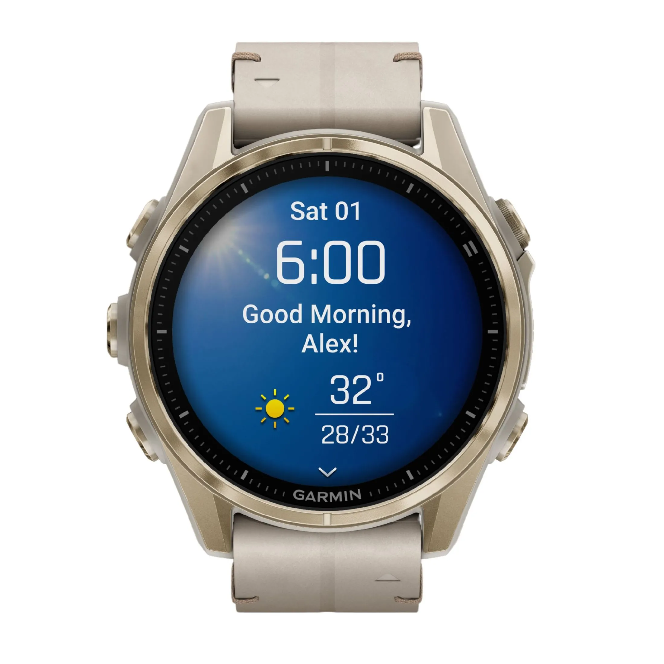 Montre Garmin Fénix 8 AMOLED Sapphire Titane Soft Gold bracelets cuir beige et silicone gris cendré 43 mm