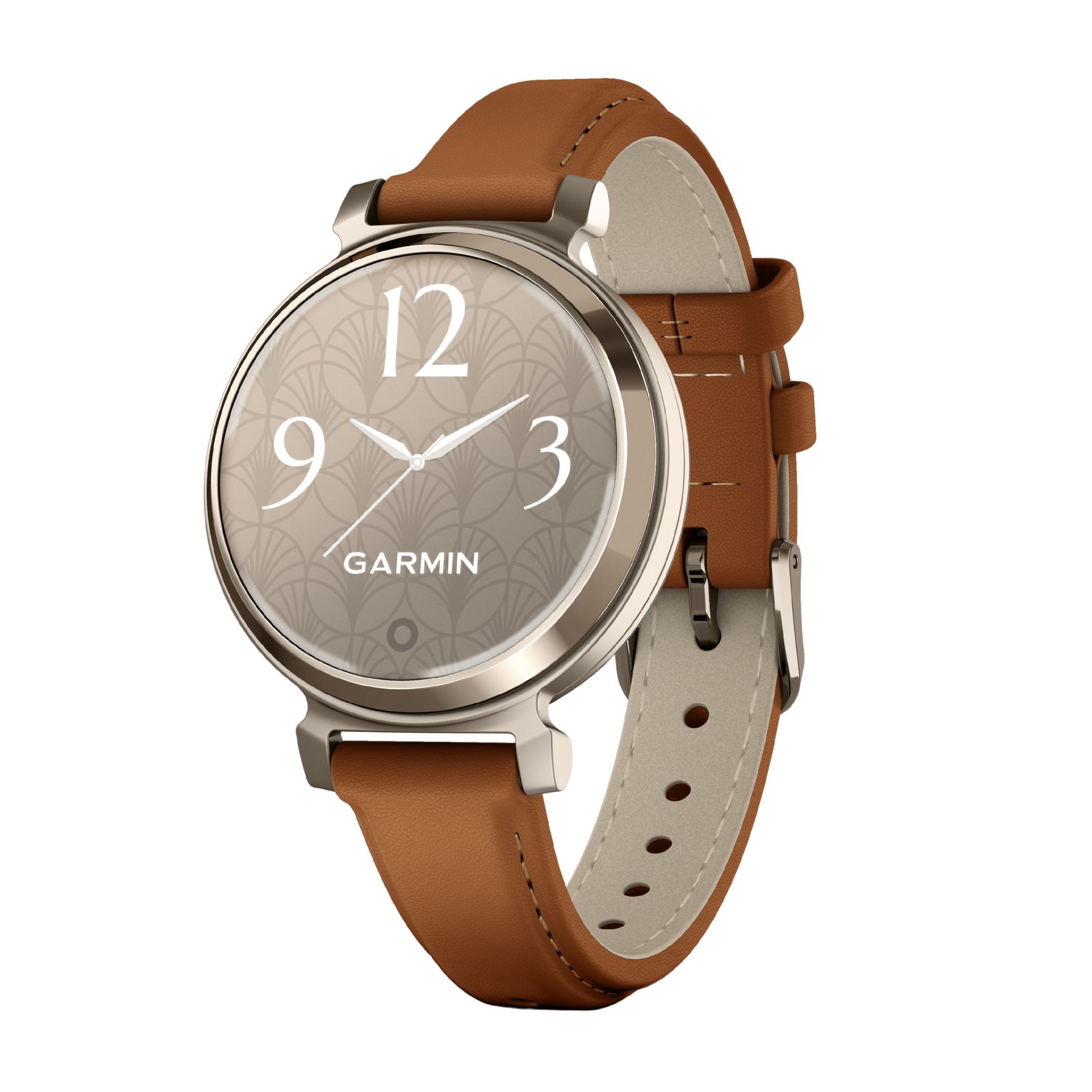 Montre Garmin Lily 2 Cream Gold bracelet cuir camel 35,4 mm