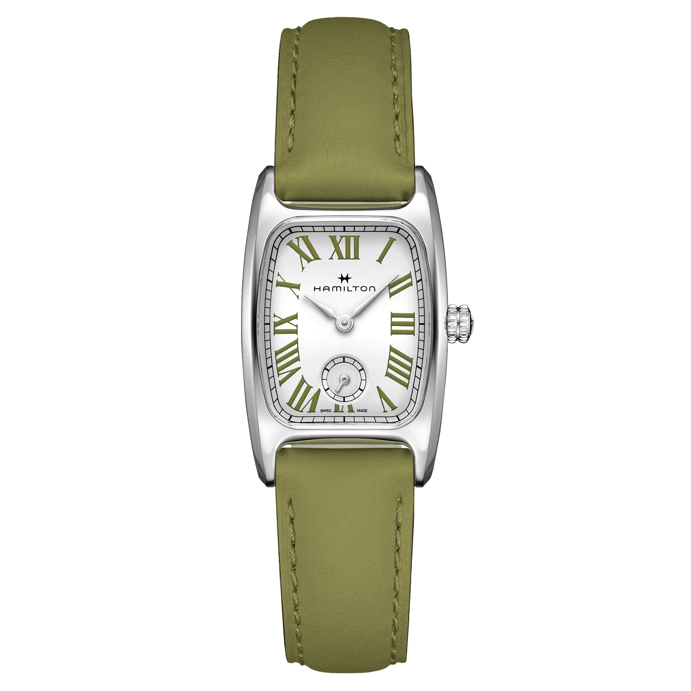 Montre Hamilton American Classic Boulton Small Second M quartz cadran blanc bracelet cuir vert 23,5 x 27,4 mm