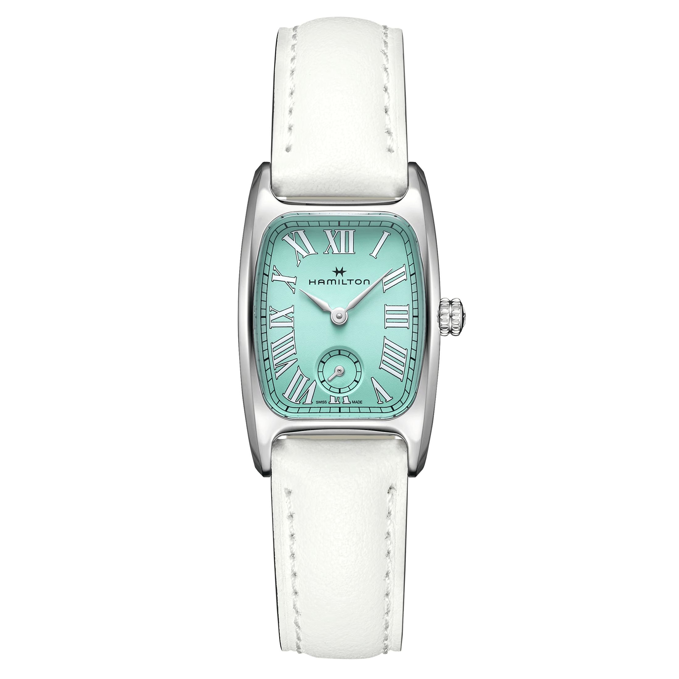 Montre Hamilton American Classic Boulton Small Second M quartz cadran vert bracelet cuir blanc 23,5 x 27,4 mm