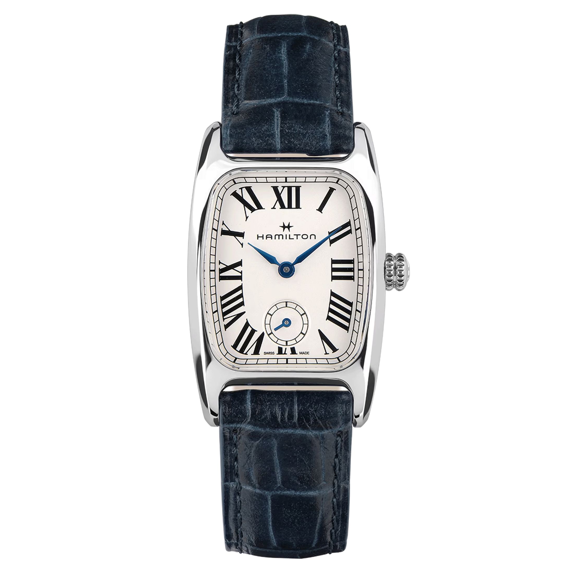 Montre Hamilton American Classic Boulton Small Second quartz cadran blanc bracelet cuir bleu 23,5 x 27,4 mm