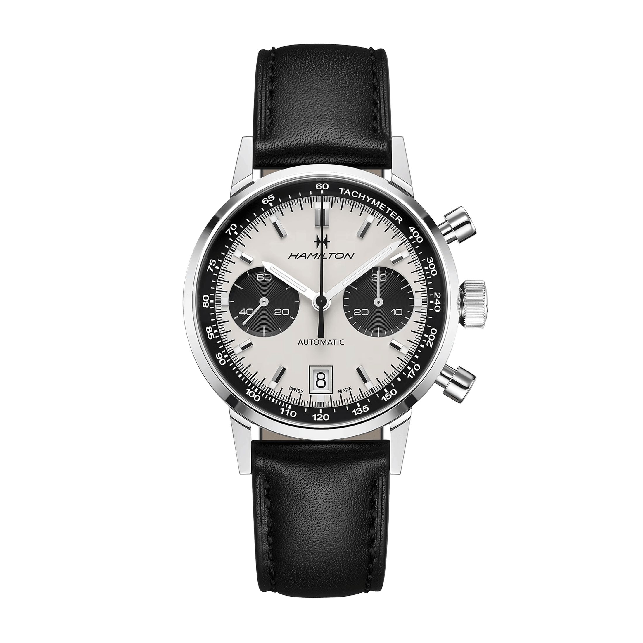 Montre Hamilton American Classic Intra-Matic Chronographe automatique cadran blanc bracelet cuir noir 40 mm