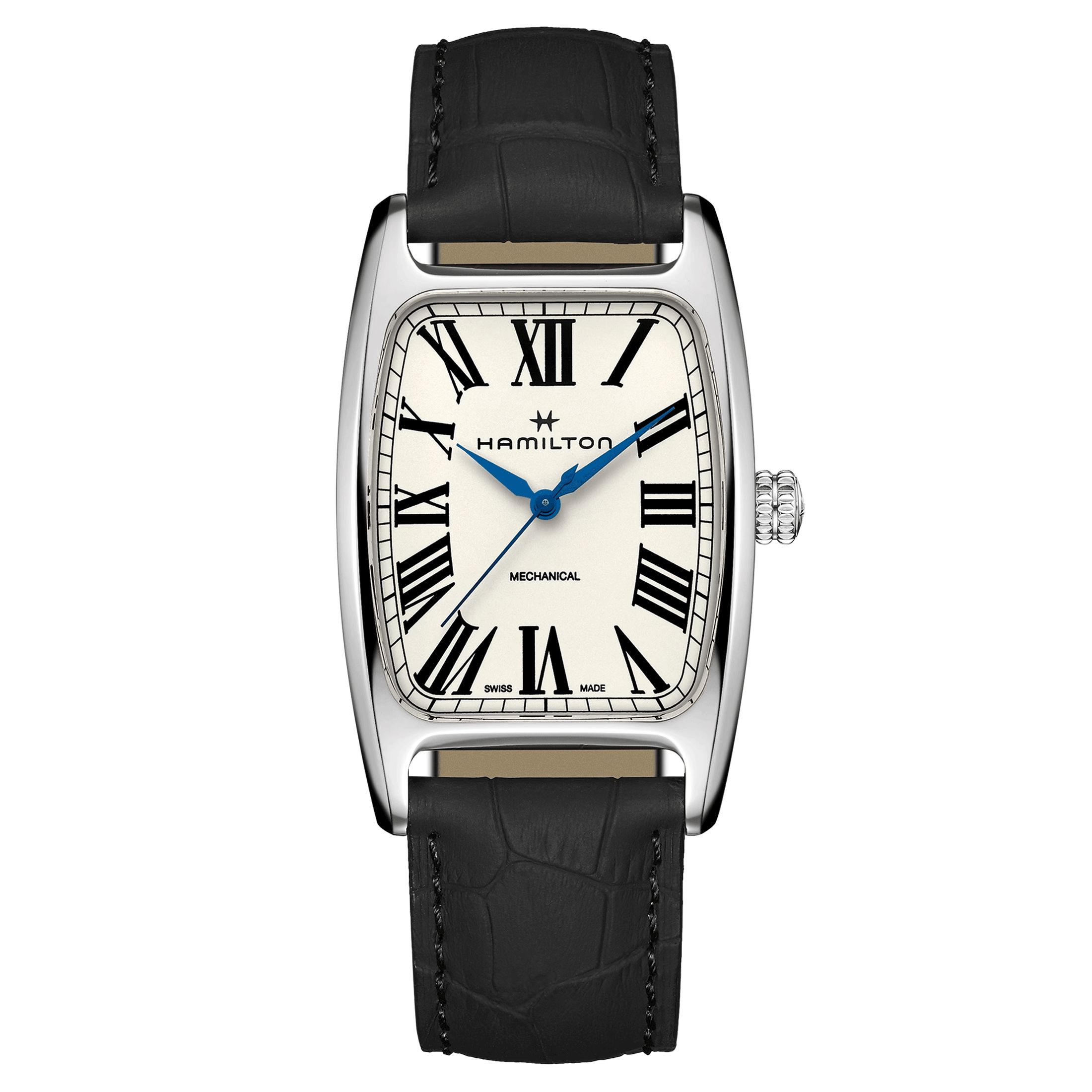 Montre Hamilton American Classic Boulton mécanique cadran blanc bracelet cuir noir 34,5 x 38 mm