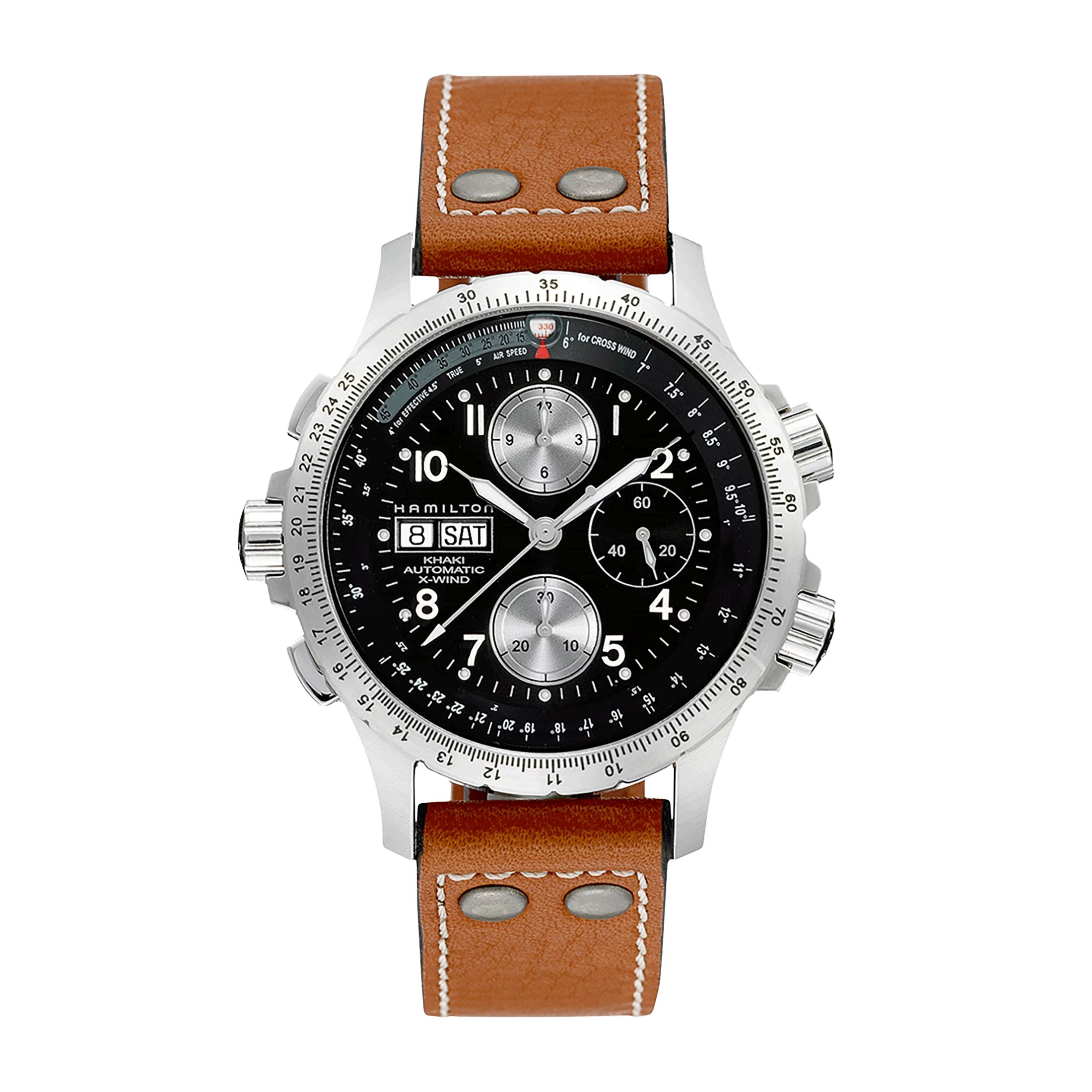 Montre Hamilton Khaki Aviation X-Wind automatique cadran noir bracelet cuir marron 44 mm