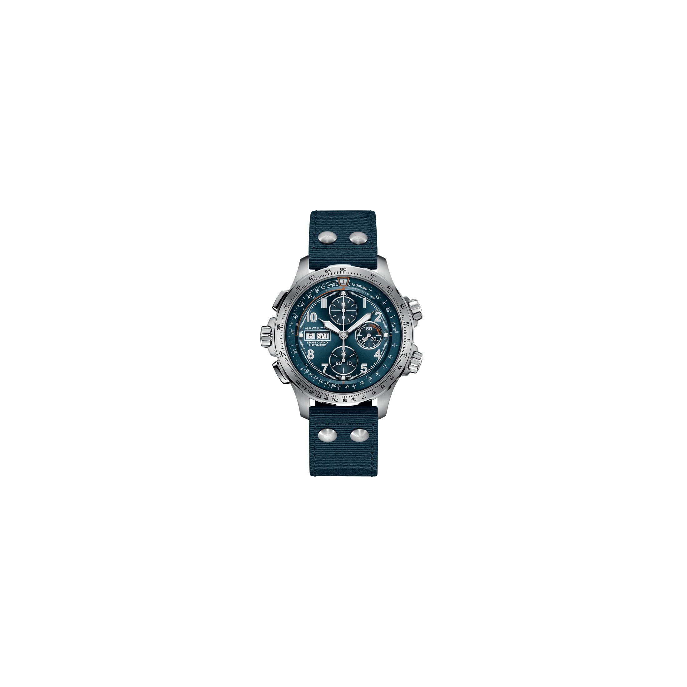 Montre Hamilton Khaki Aviation X-Wind automatique chronographe cadran bleu bracelet textile bleu 45 mm