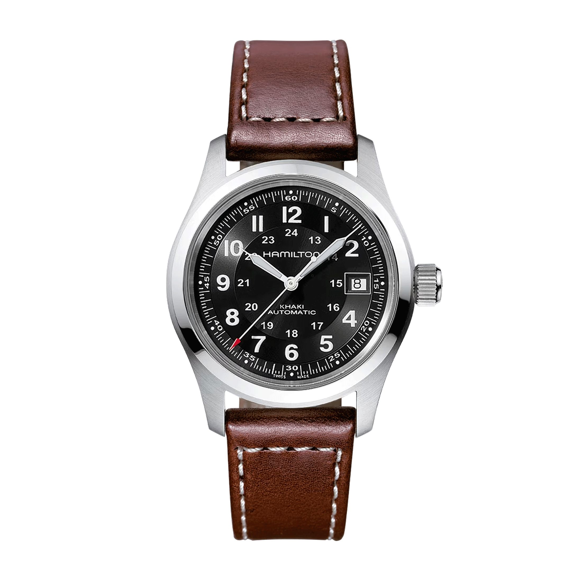 Montre Hamilton Khaki Field automatique cadran noir bracelet cuir brun 38 mm