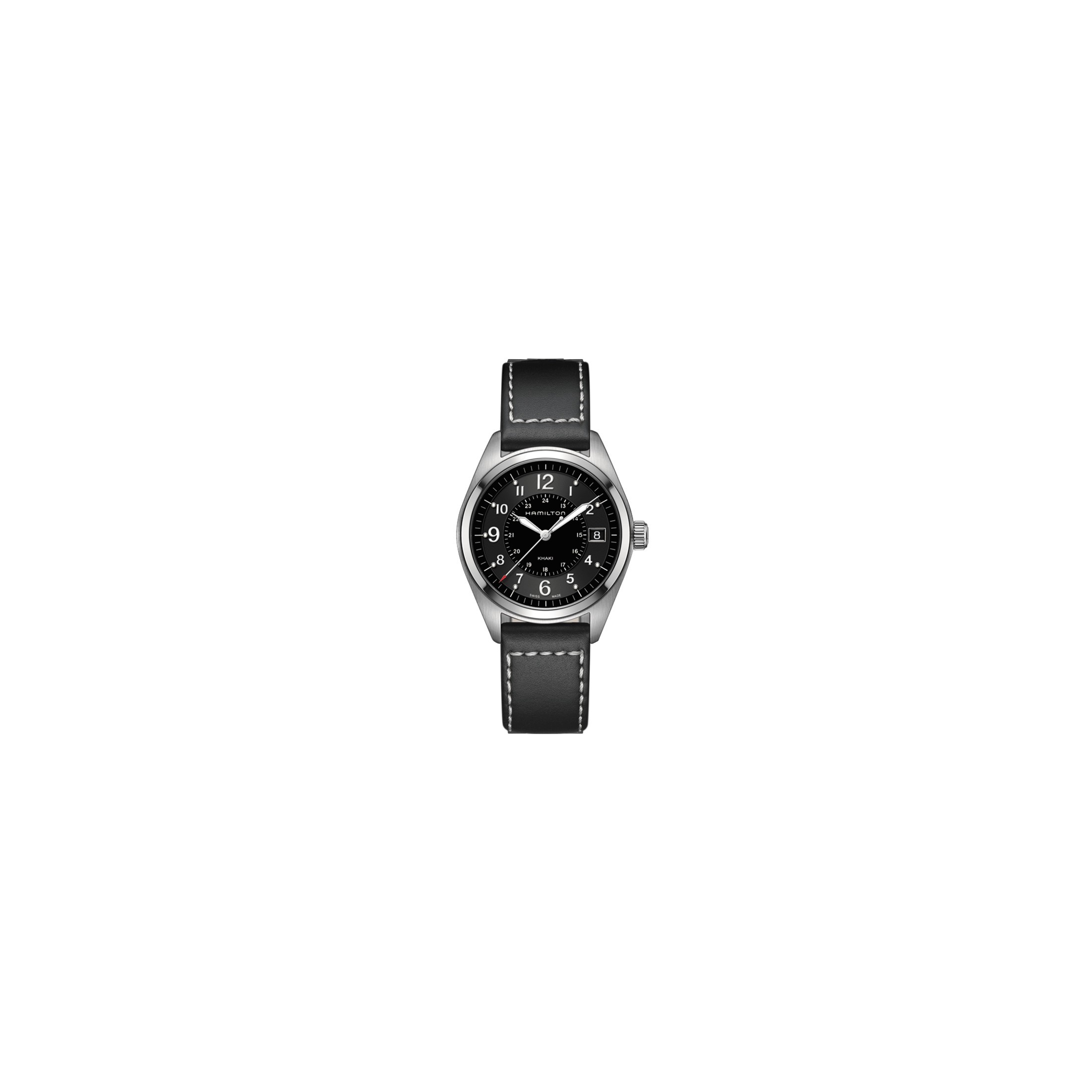 Montre Hamilton Khaki Field cadran noir bracelet cuir noir 40 mm