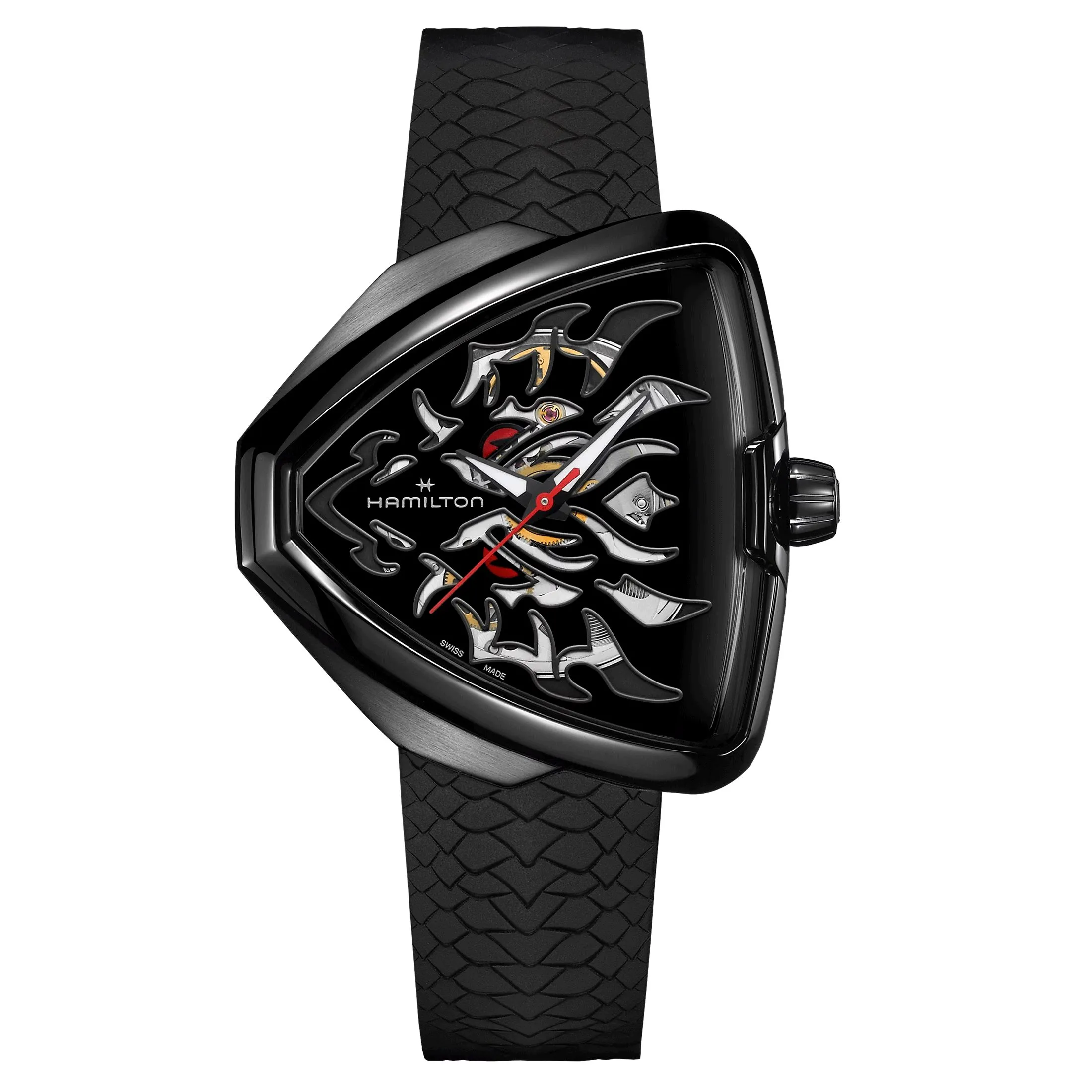 Montre Hamilton Ventura Elvis80 Skeleton PVD Noir automatique cadran noir bracelet caoutchouc noir 42,50 x 44,60 mm