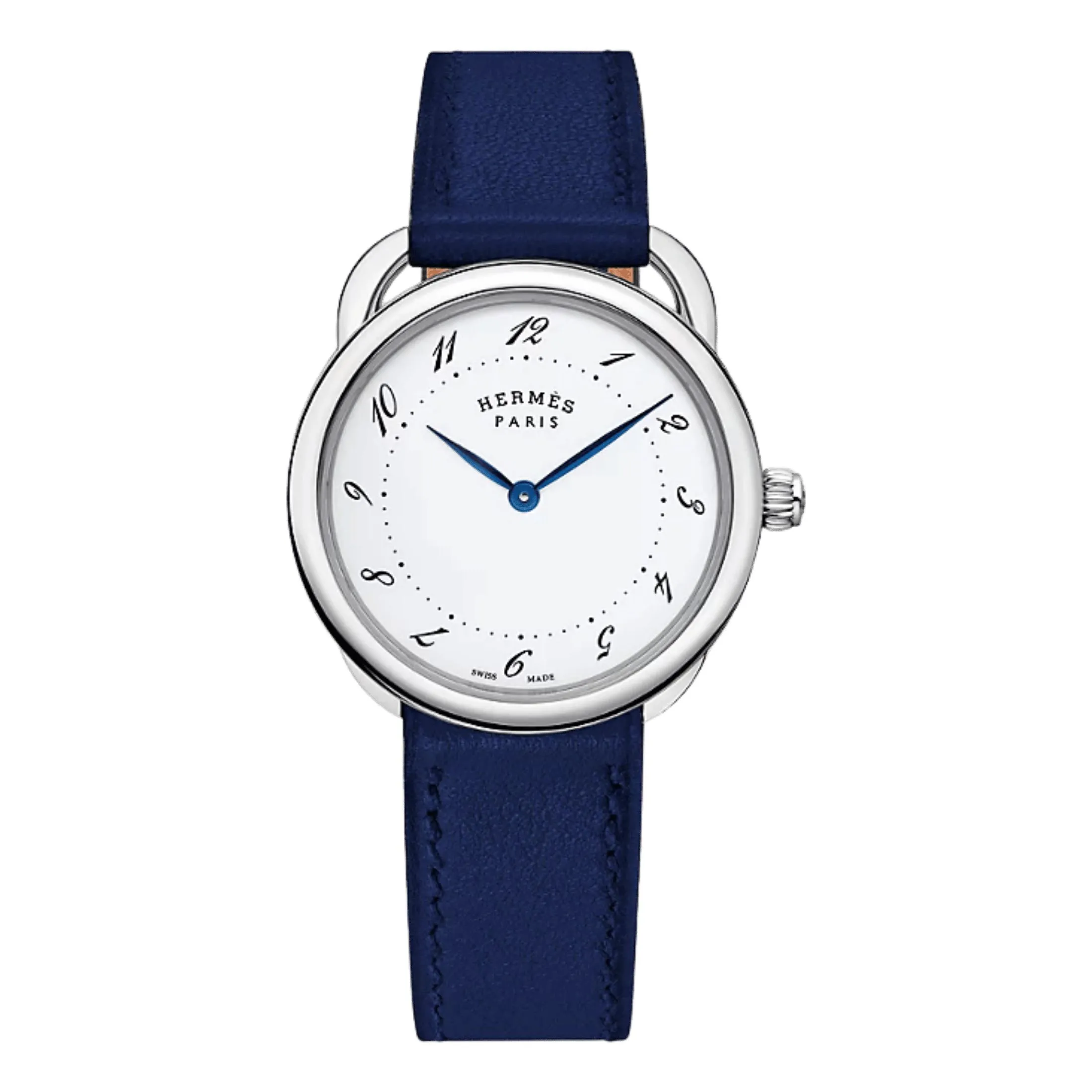 Montre HERMÈS Arceau Grand Modèle quartz cadran laqué blanc bracelet cuir bleu 36 mm