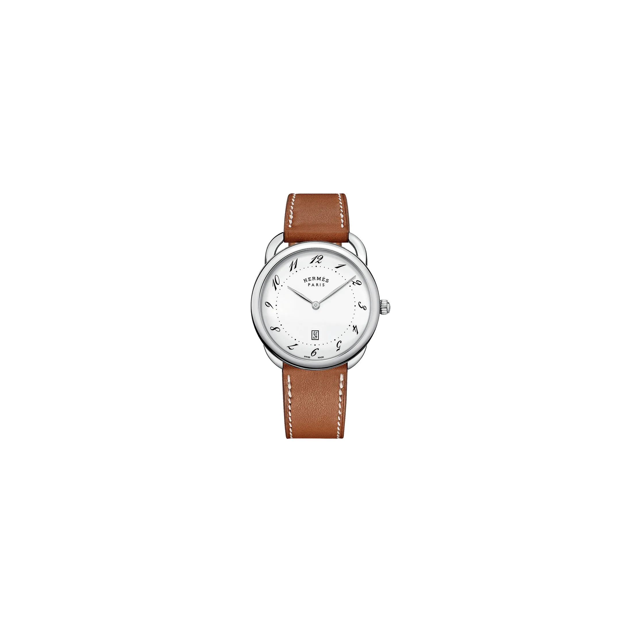 Montre HERMÈS Arceau Grand Modèle quartz cadran laqué blanc bracelet cuir marron 40 mm