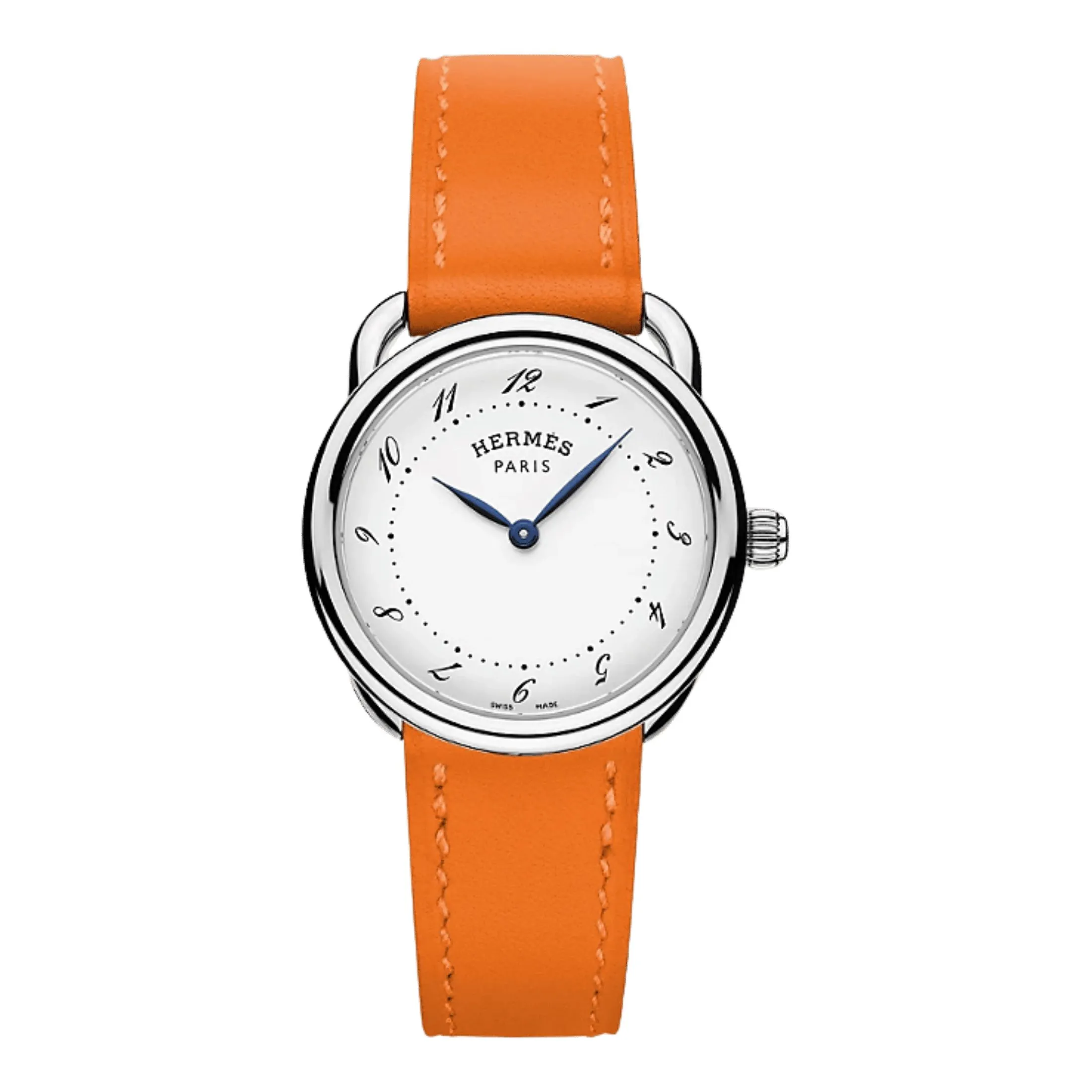 Montre HERMÈS Arceau Petit Modèle quartz cadran blanc mat bracelet cuir orange 28 mm
