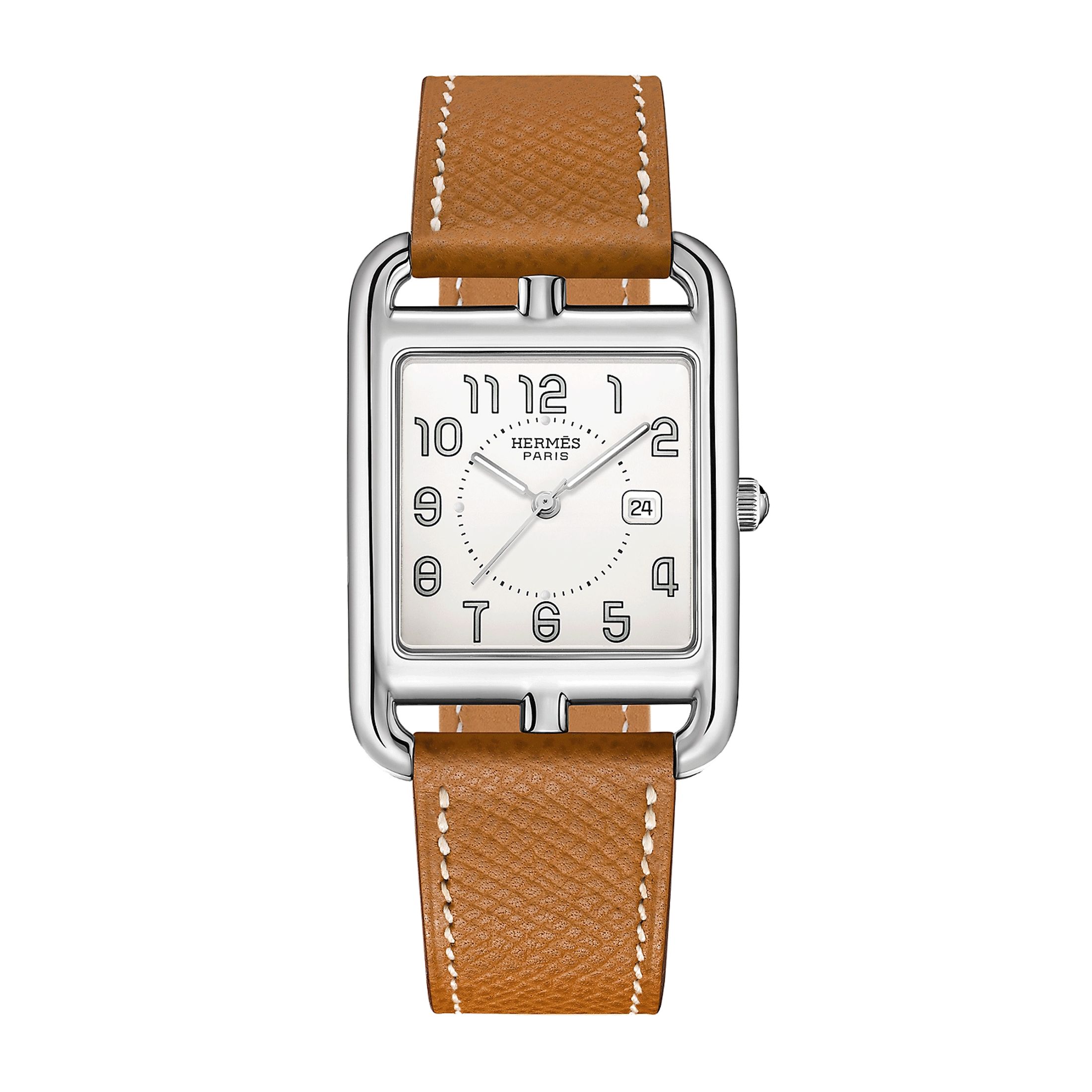 Montre HERMÈS Cape Cod Grand Modèle quartz cadran argenté bracelet cuir marron 37 mm