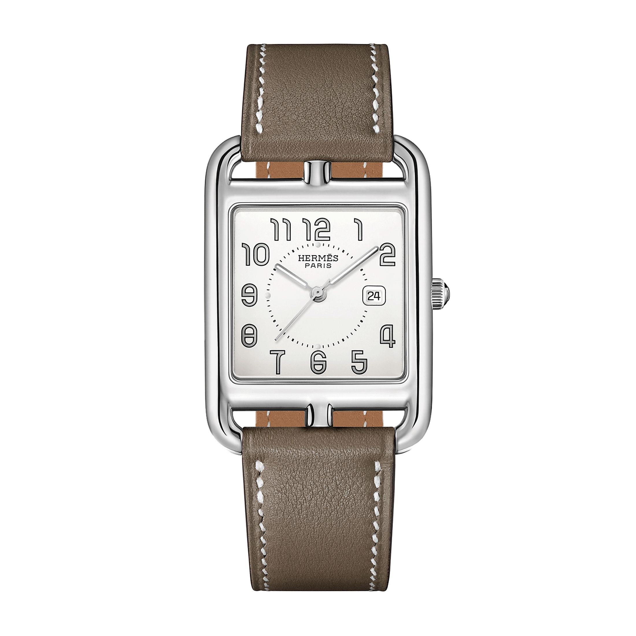 Montre HERMÈS Cape Cod Grand Modèle quartz cadran argenté bracelet cuir taupe 37 mm