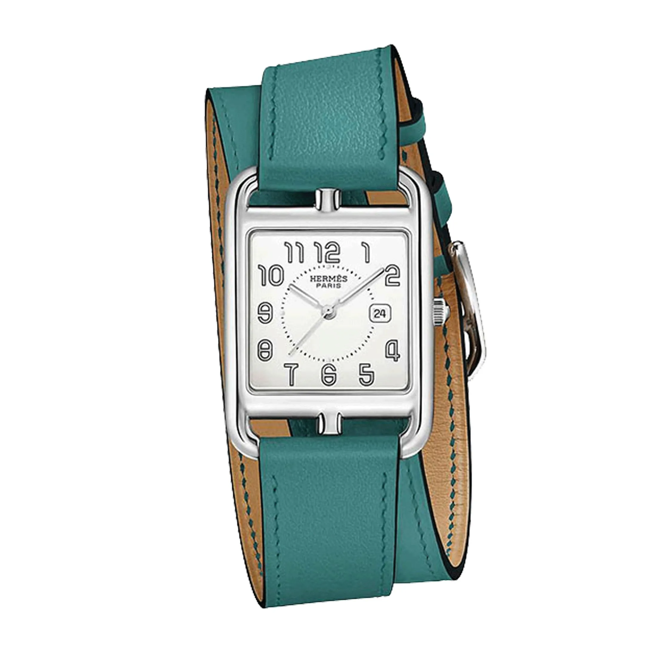 Montre HERMÈS Cape Cod Grand Modèle quartz cadran blanc bracelet cuir double tour bleu 29 x 29 mm