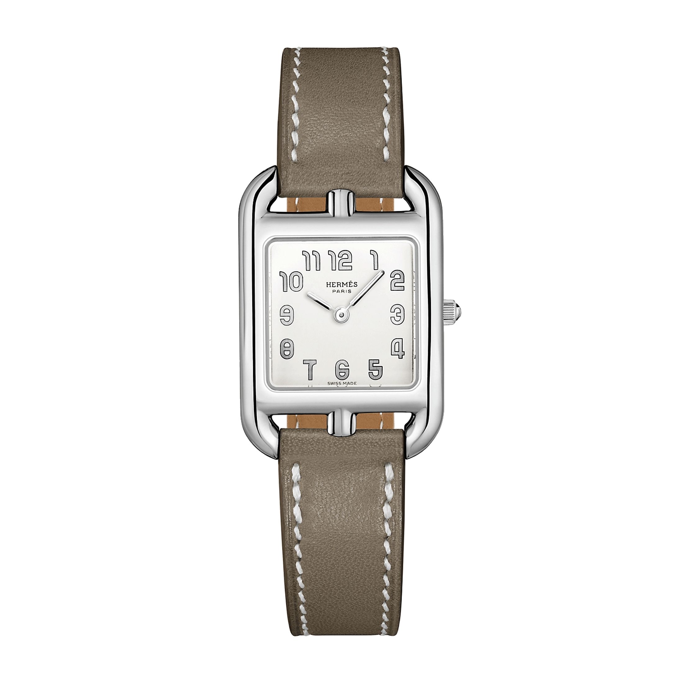 Montre HERMÈS Cape Cod Petit Modèle quartz cadran argenté bracelet cuir taupe 31 mm