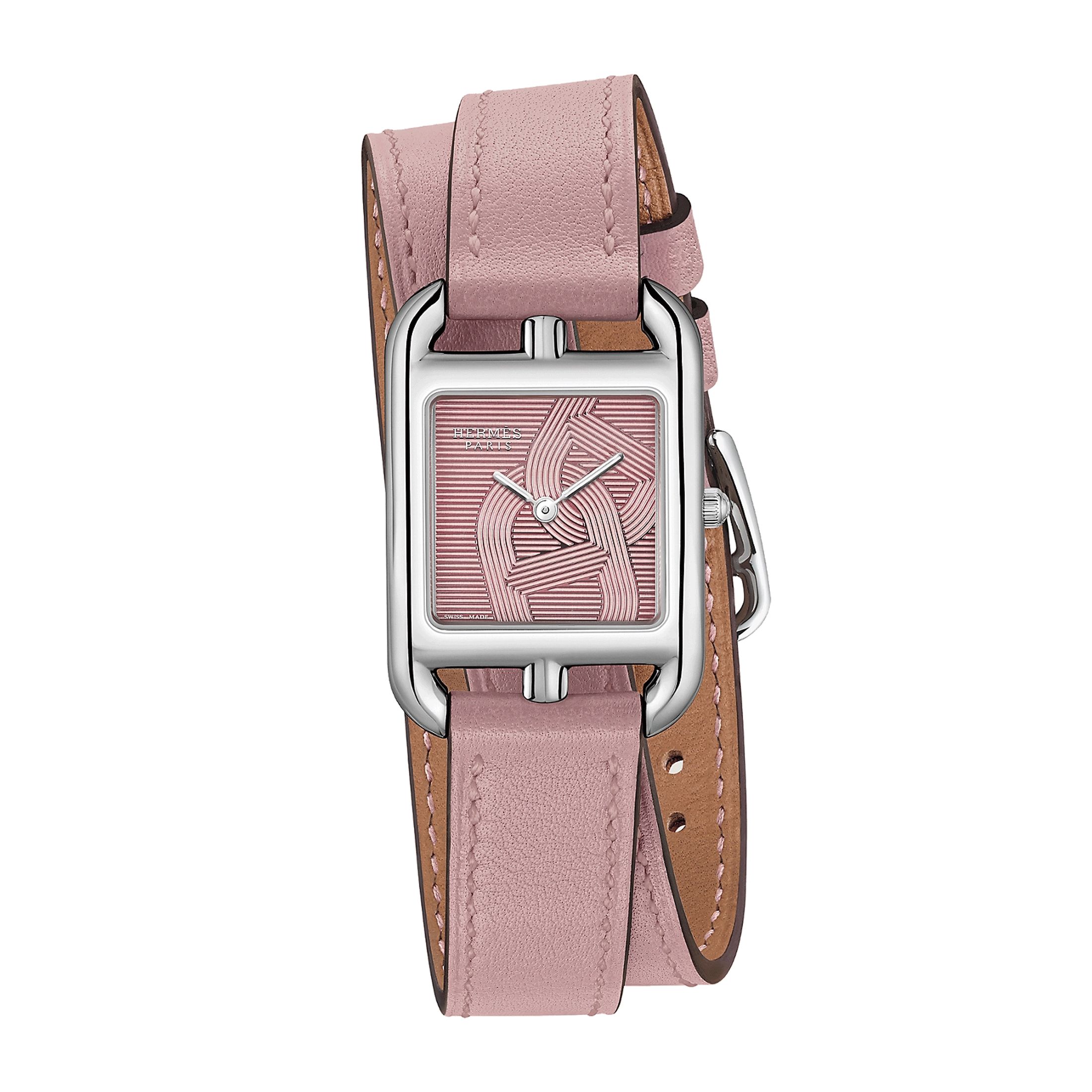 Montre HERMÈS Cape Cod Petit Modèle quartz cadran rose bracelet cuir rose double tour 31 mm