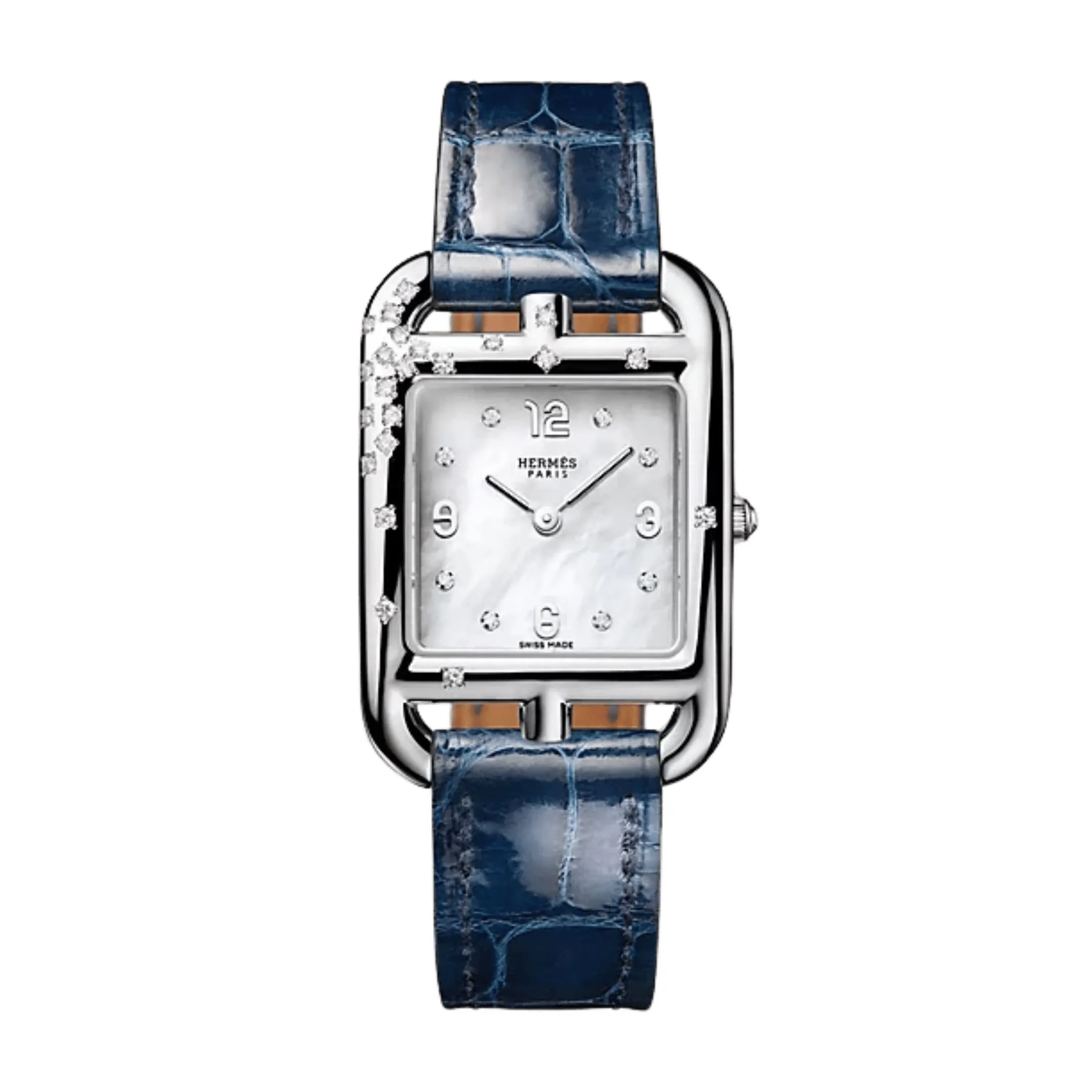 Montre HERMÈS Cape Cod Petit Modèle Sertie quartz cadran nacre bracelet cuir bleu 31 mm