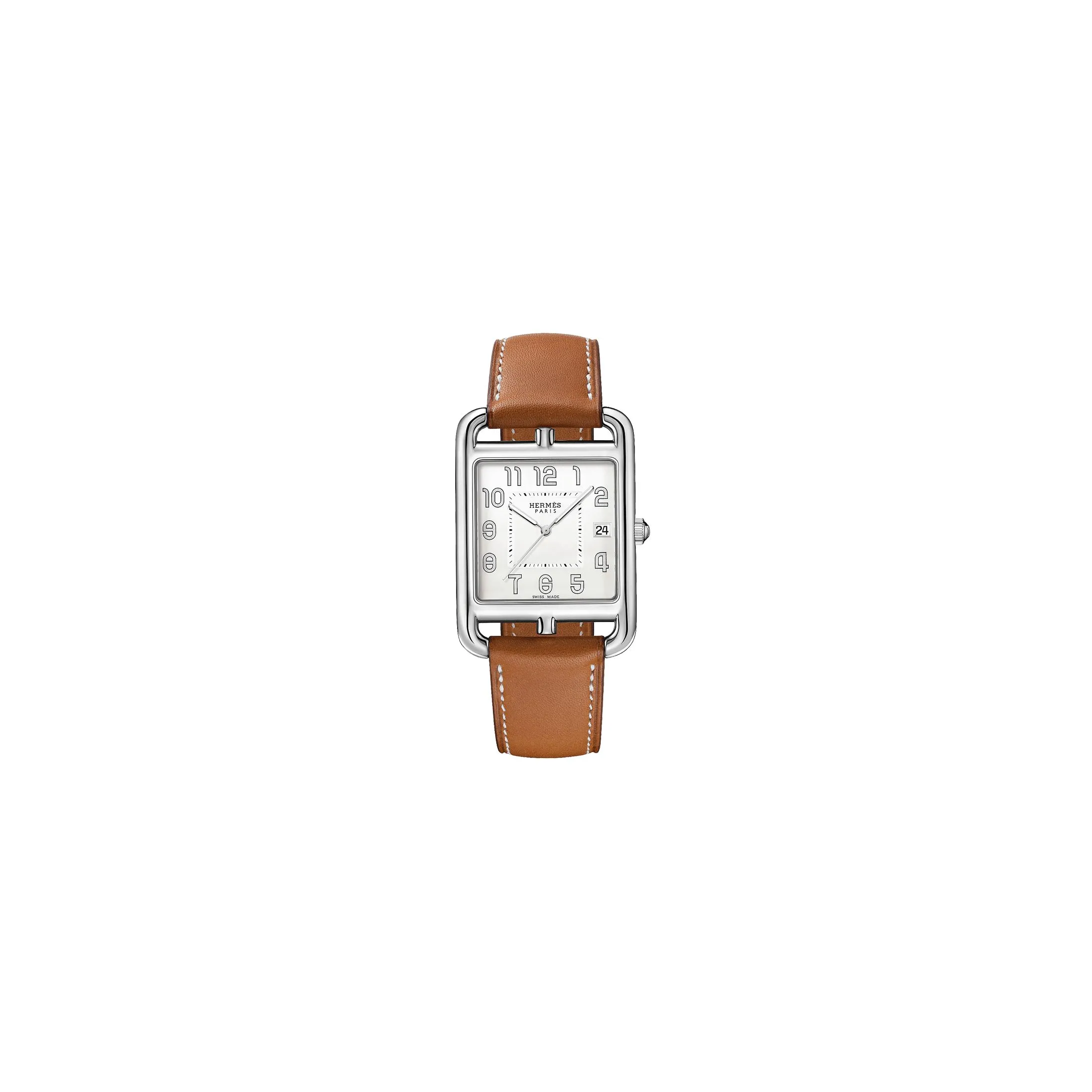 Montre HERMÈS Cape Cod quartz cadran argenté bracelet cuir marron 41 mm