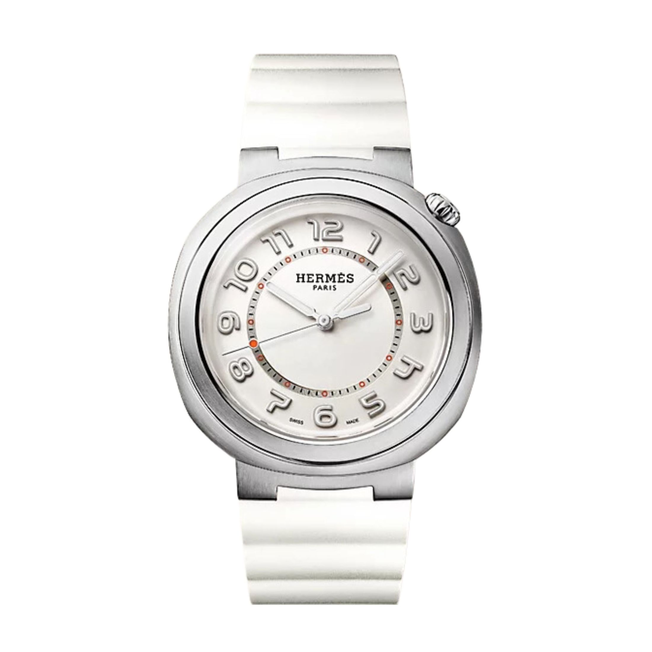 Montre HERMÈS Cut Grand Modèle automatique cadran argenté bracelet caoutchouc blanc 36 mm