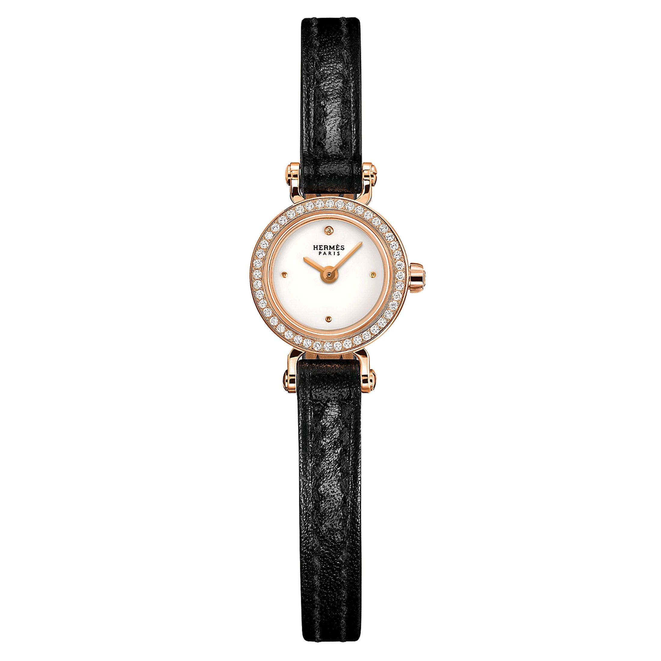 Montre HERMÈS Faubourg Mini Modèle Or Rose quartz lunette sertie cadran blanc bracelet cuir noir 15 mm