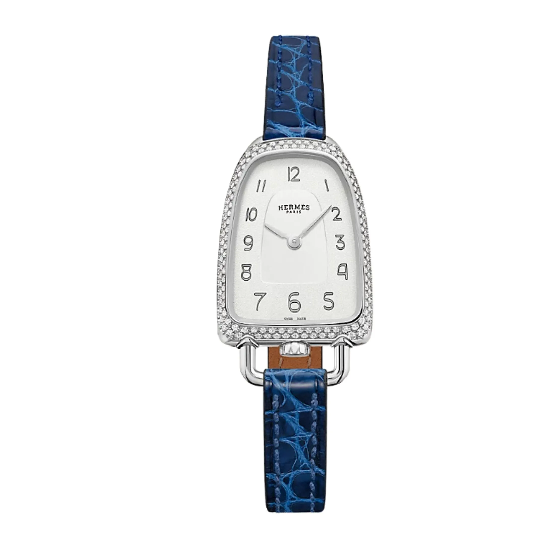 Montre HERMÈS Galop d'Hermès Moyen Modèle sertie quartz cadran argent bracelet cuir bleu 32 mm