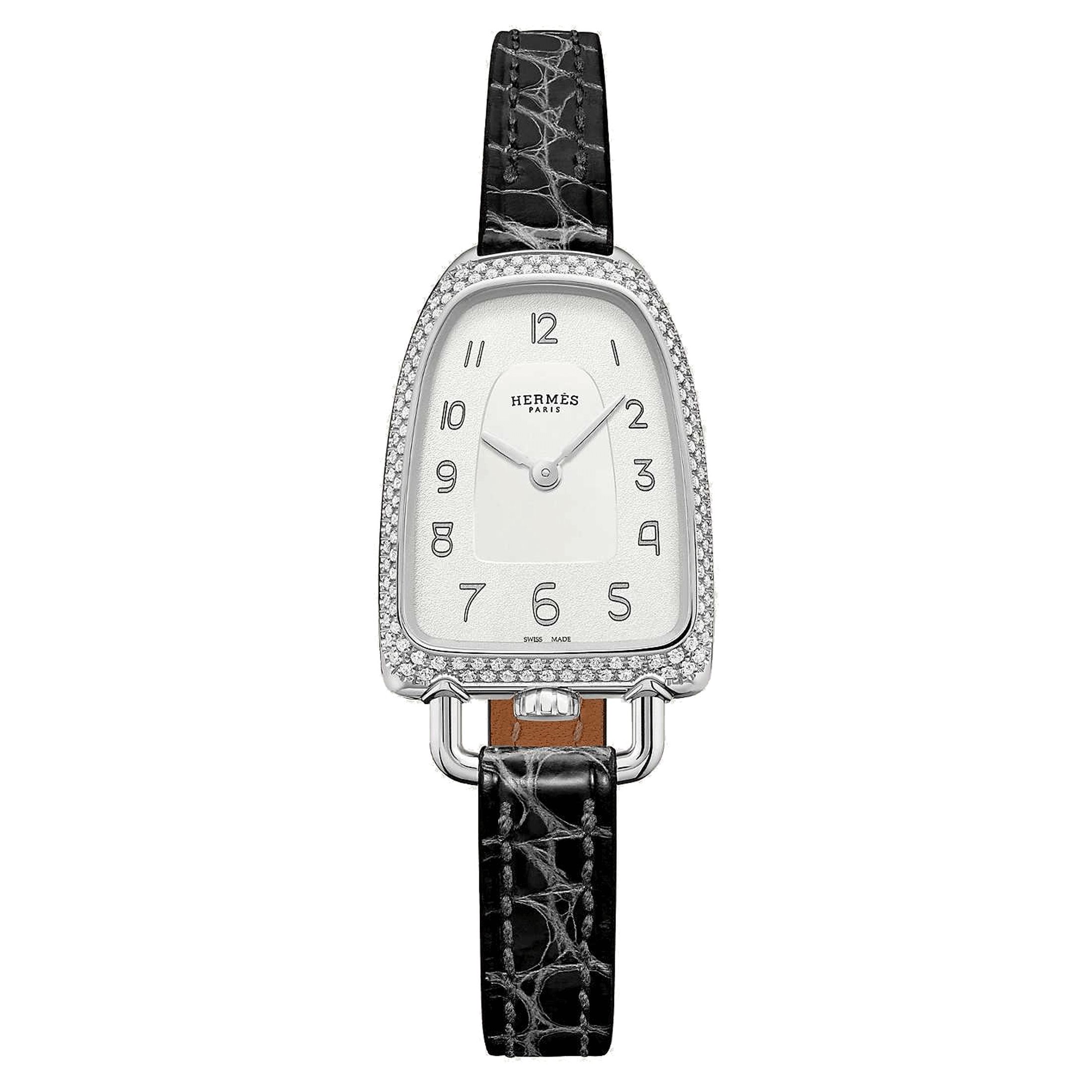 Montre HERMÈS Galop d'Hermès Moyen Modèle sertie quartz cadran argent bracelet cuir noir 32 mm
