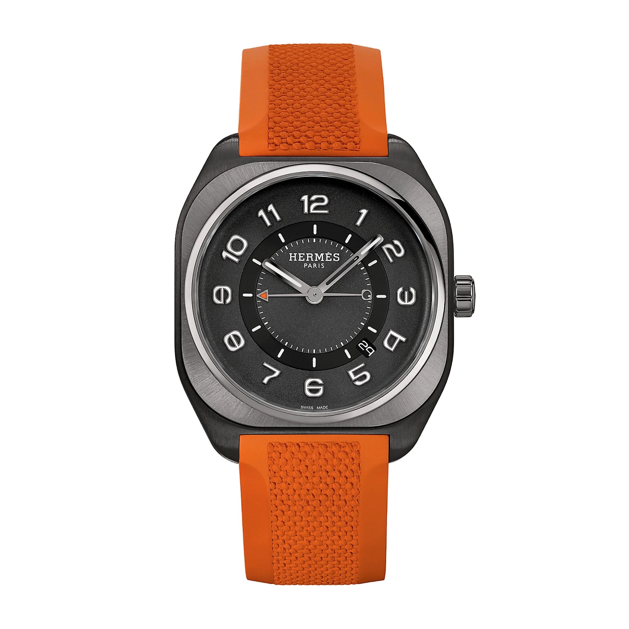 Montre Hermès H08 DLC noir automatique cadran noir bracelet caoutchouc orange 42 mm