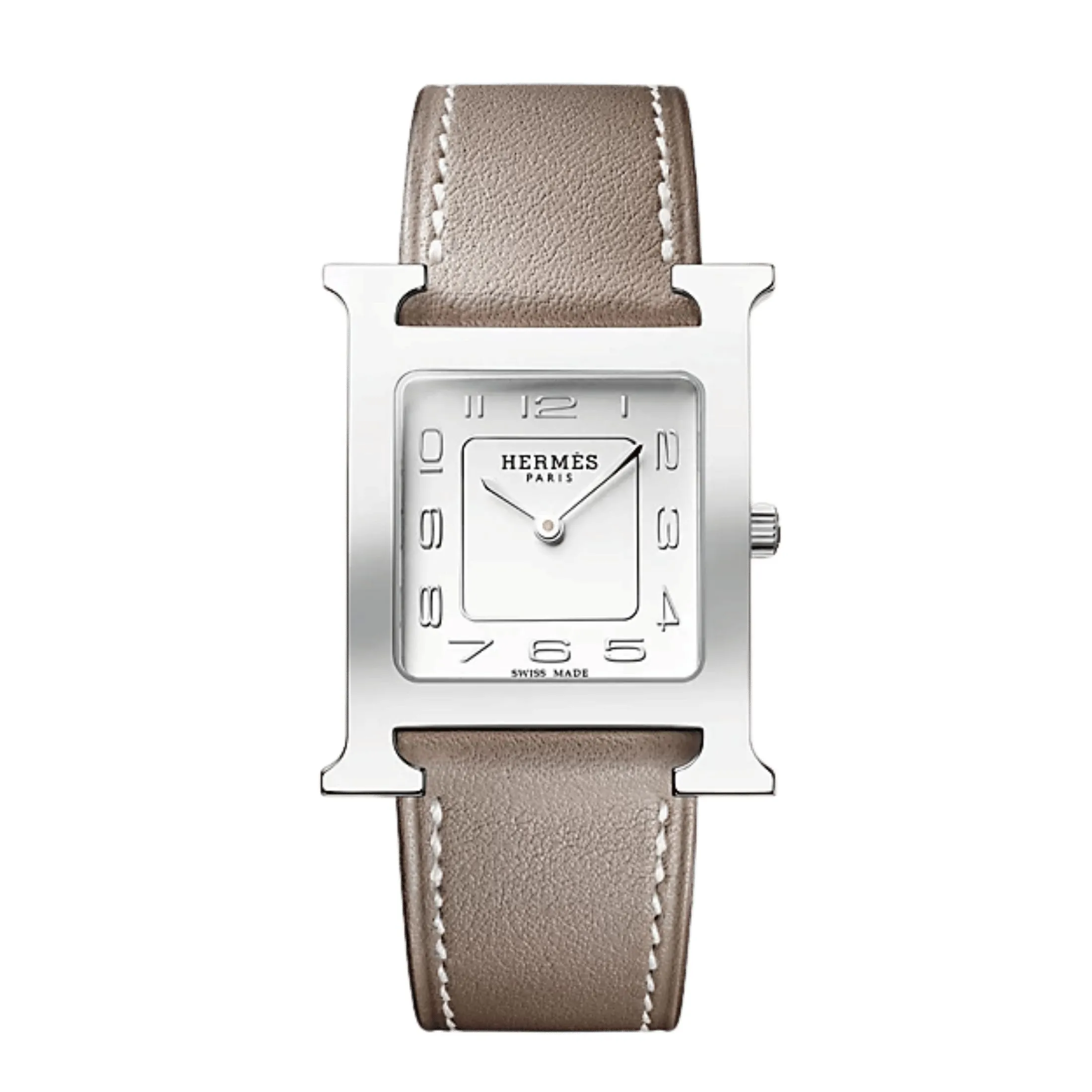 Montre HERMÈS Heure H Moyen Modèle quartz cadran argenté bracelet cuir étoupe 30 mm
