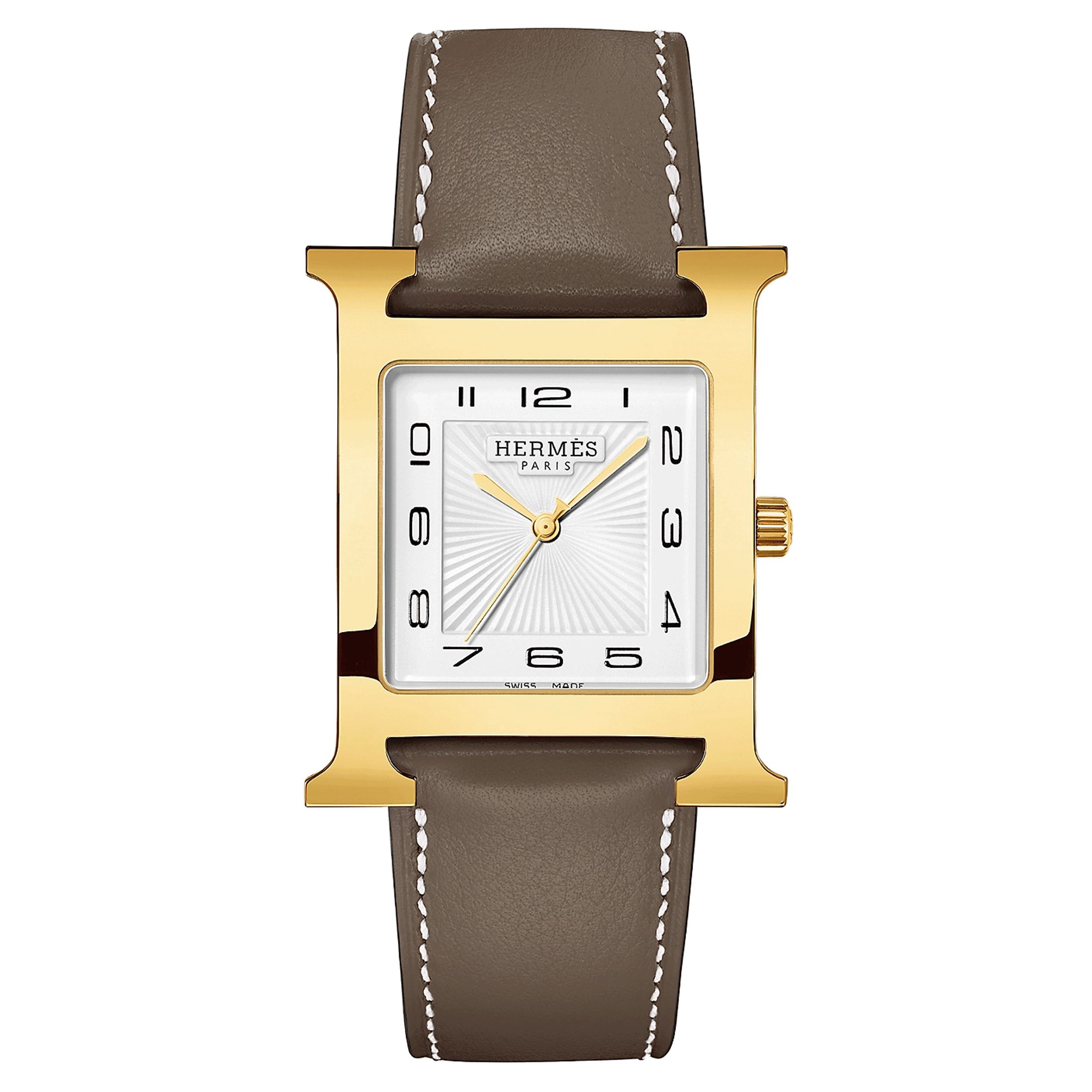 Montre HERMÈS Heure H Grand Modèle PVD quartz cadran blanc bracelet cuir taupe 34 mm