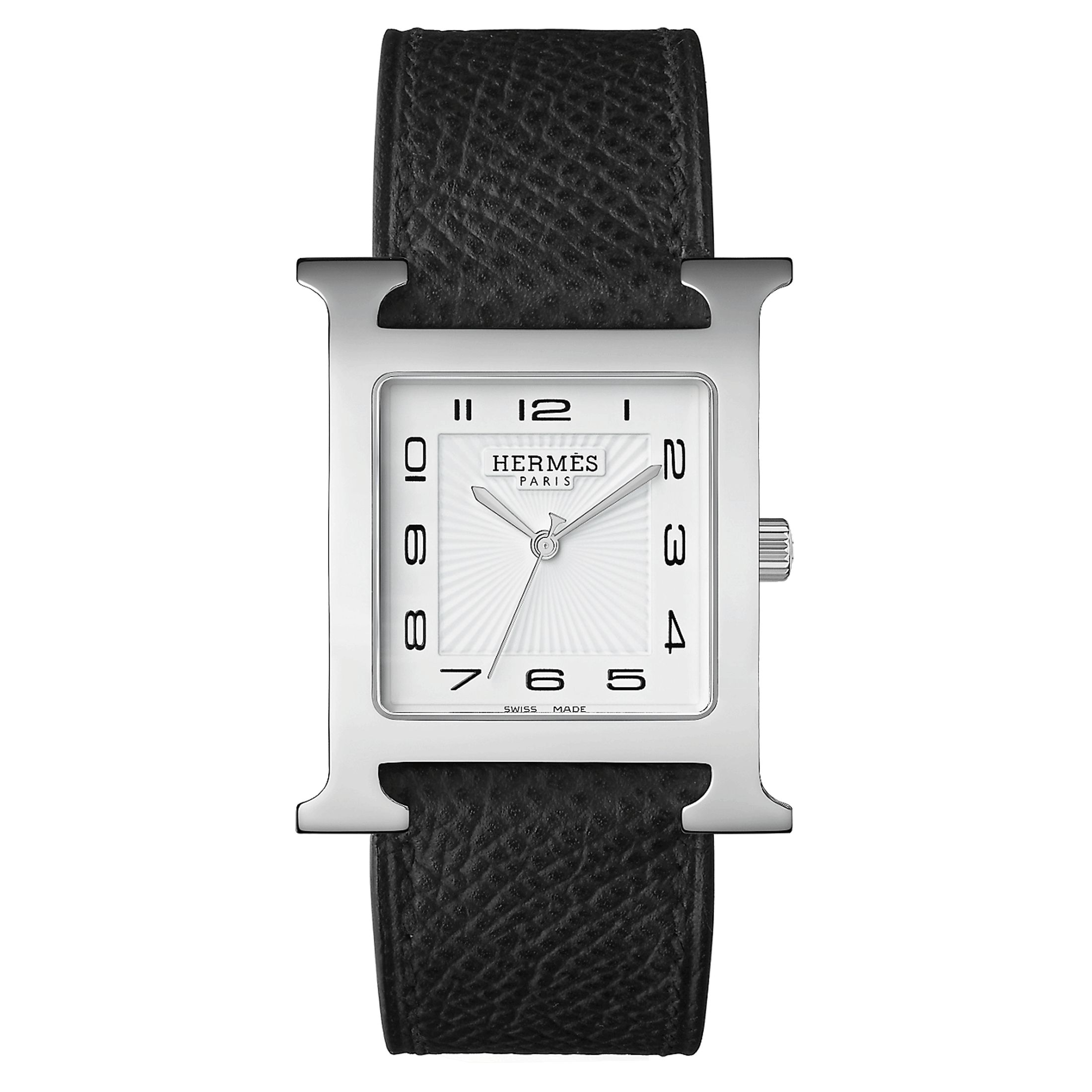Montre HERMÈS Heure H Grand Modèle quartz cadran blanc bracelet cuir noir 34 mm