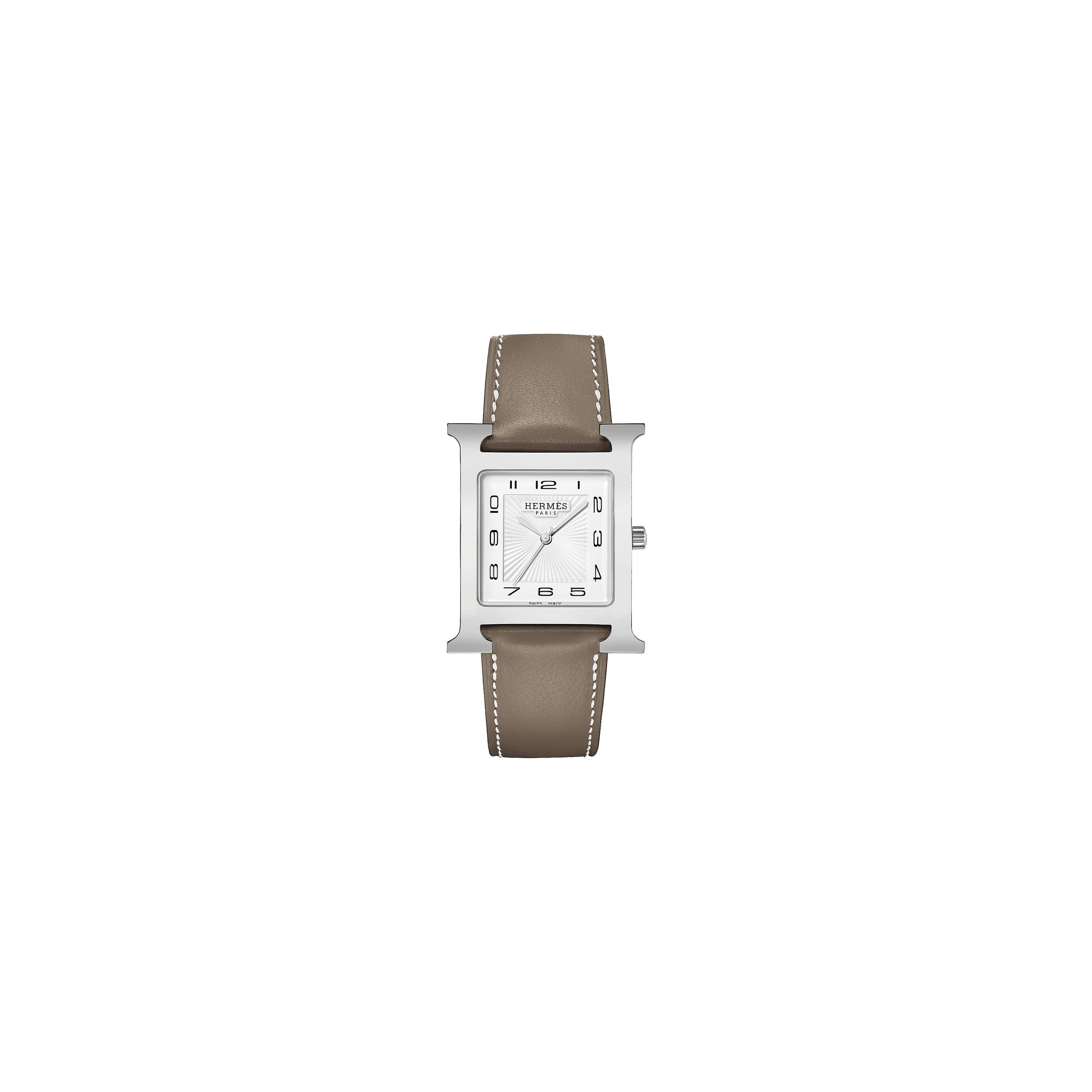 Montre HERMÈS Heure H Grand Modèle quartz cadran blanc bracelet cuir taupe 34 mm