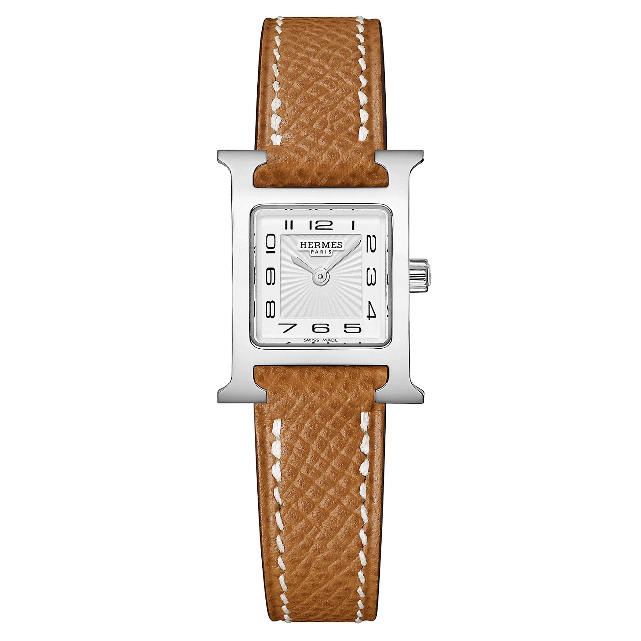 Montre HERMÈS Heure H Mini Modèle quartz cadran blanc bracelet cuir marron gold 21 mm