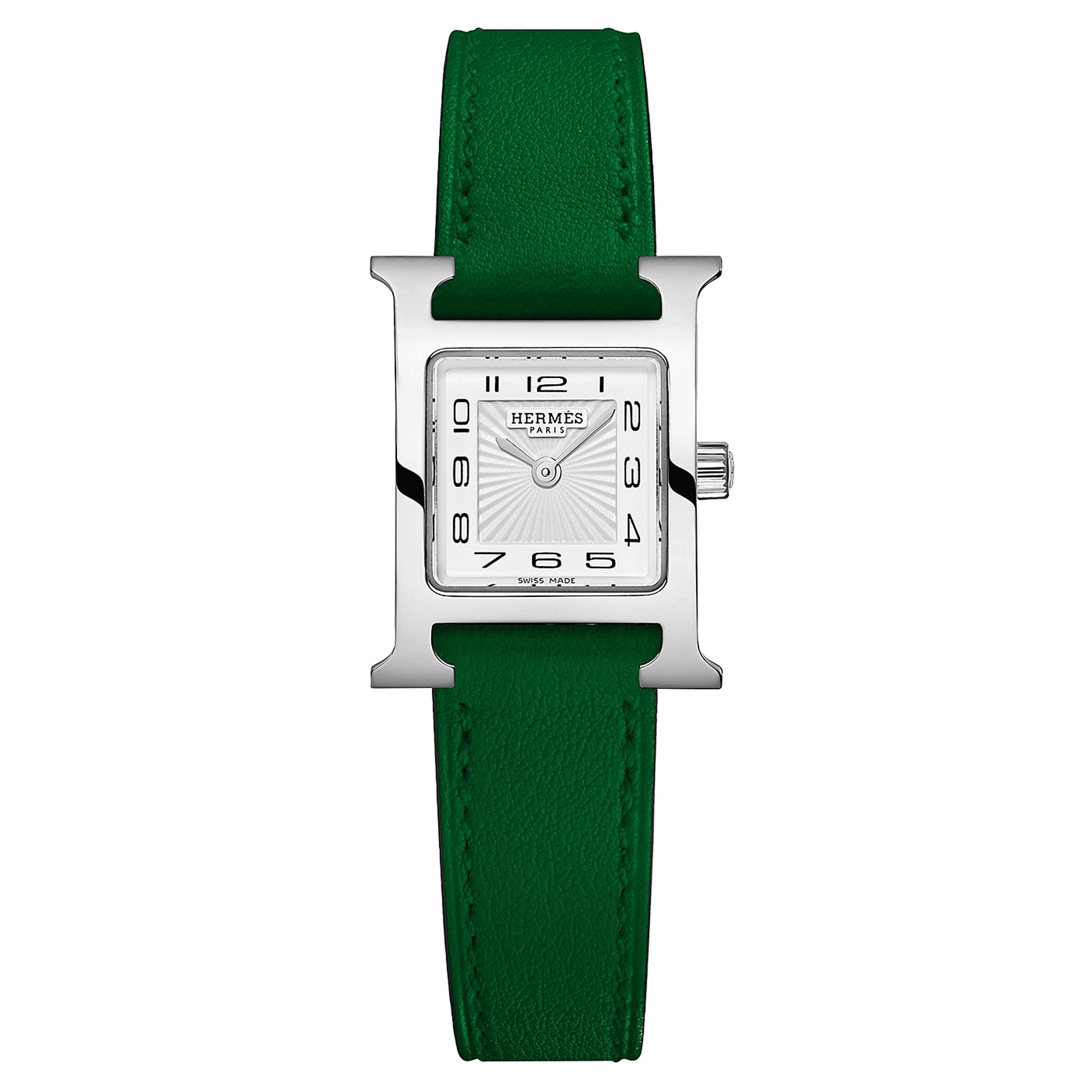 Montre HERMÈS Heure H Mini Modèle quartz cadran blanc bracelet cuir vert 21 mm