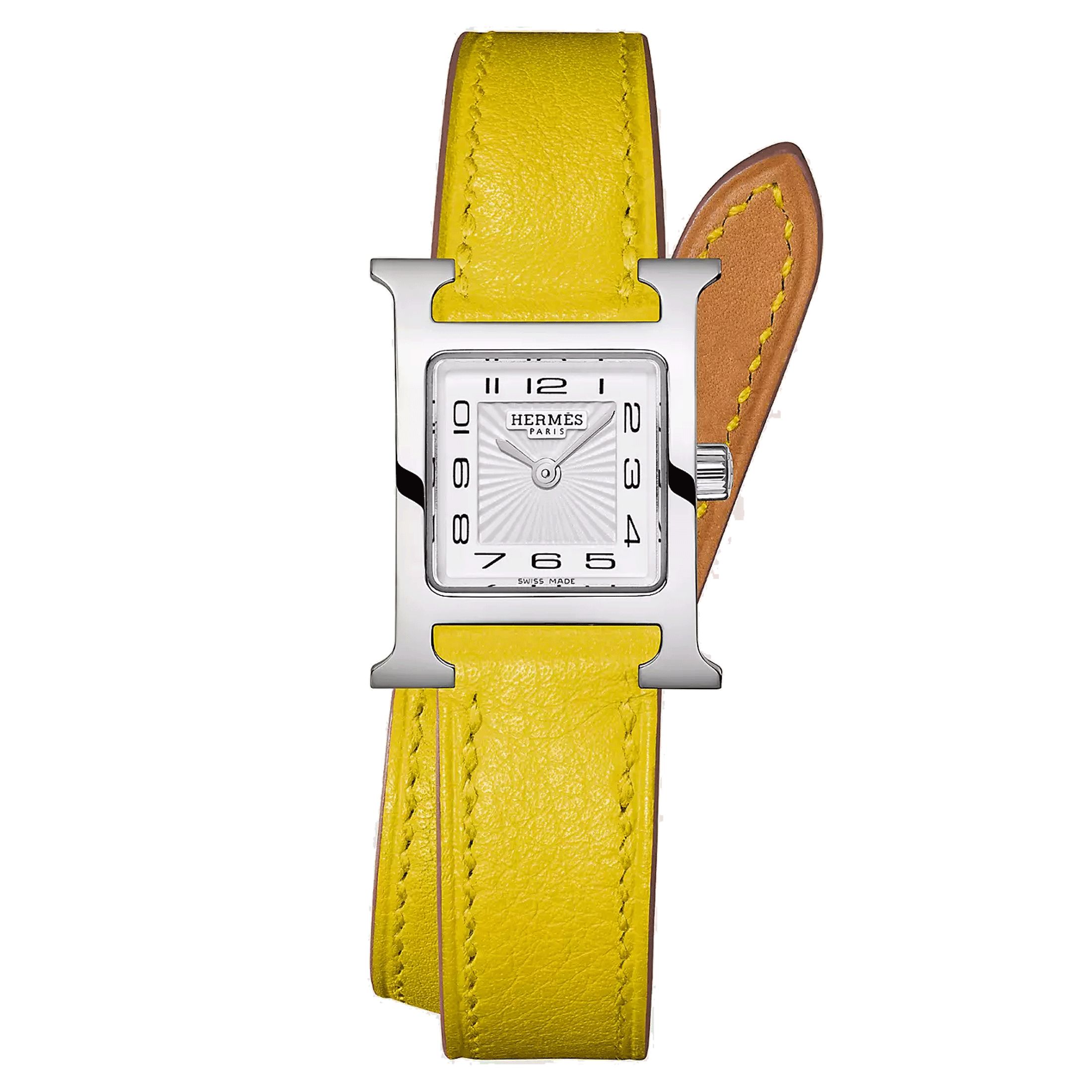 Montre HERMÈS Heure H Mini Modèle quartz cadran blanc bracelet double tour cuir jaune 21 mm