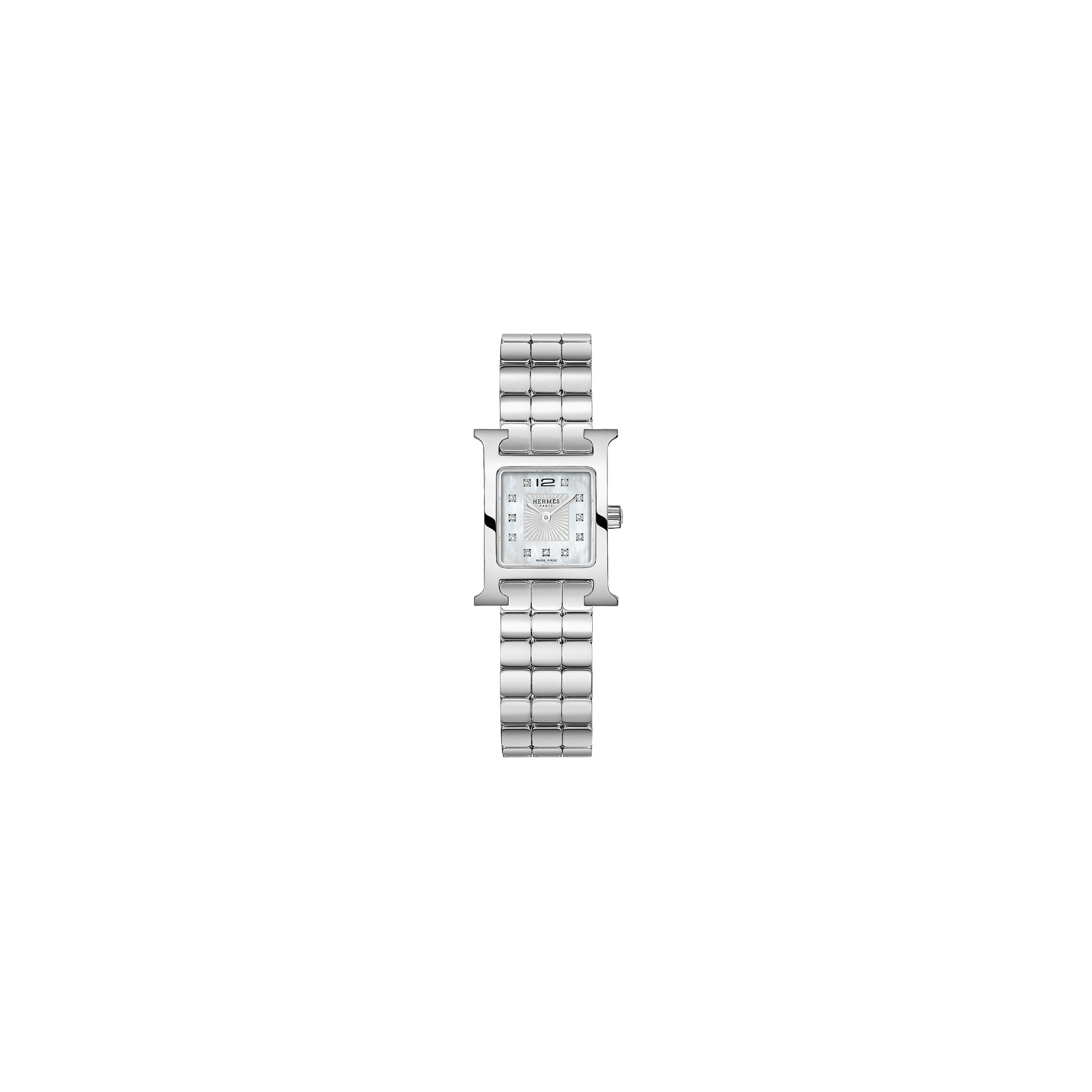 Montre HERMÈS Heure H Mini Modèle quartz index diamants cadran nacre blanche bracelet acier 21 mm