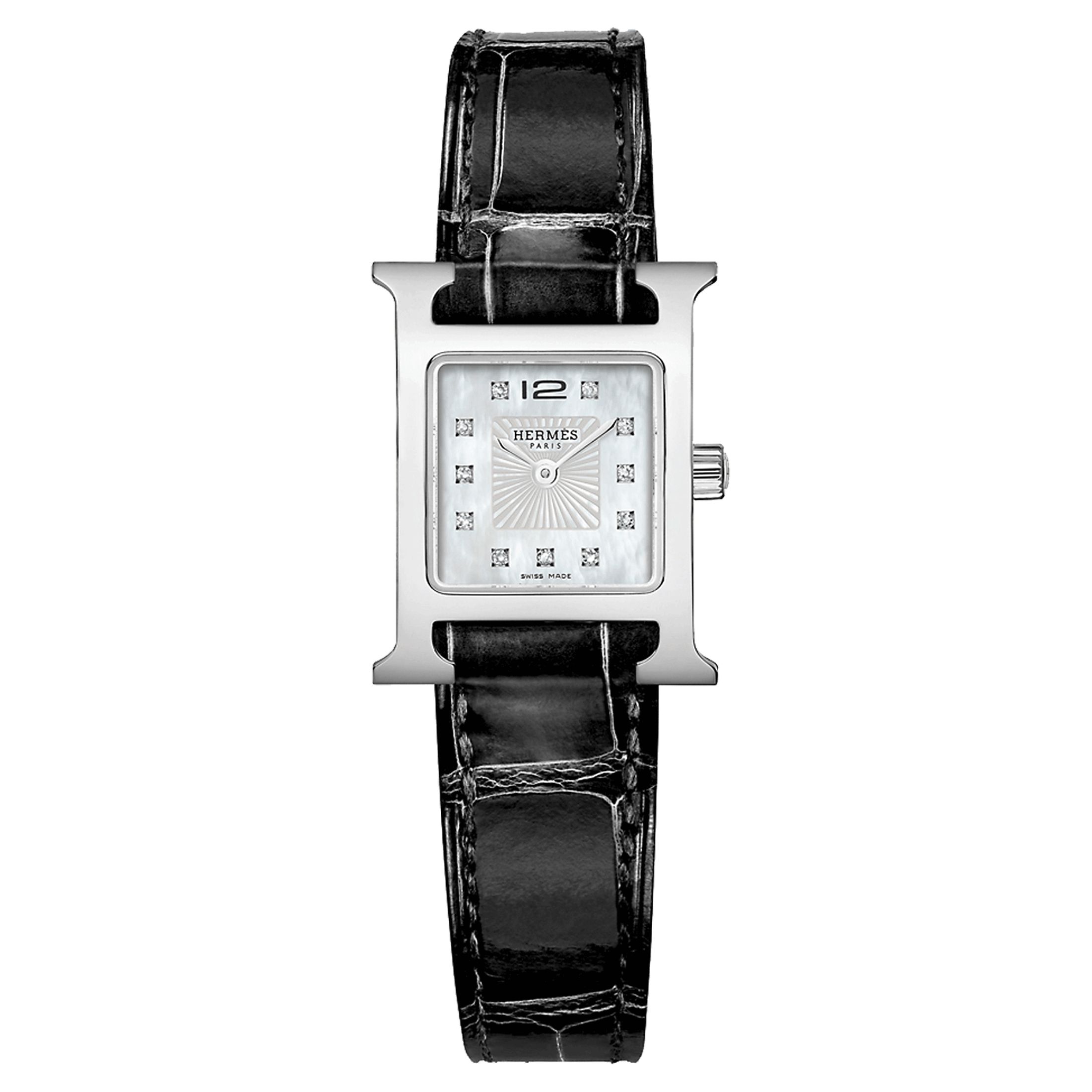 Montre HERMÈS Heure H Mini Modèle quartz index diamants cadran nacre blanche bracelet cuir croco noir 21 mm