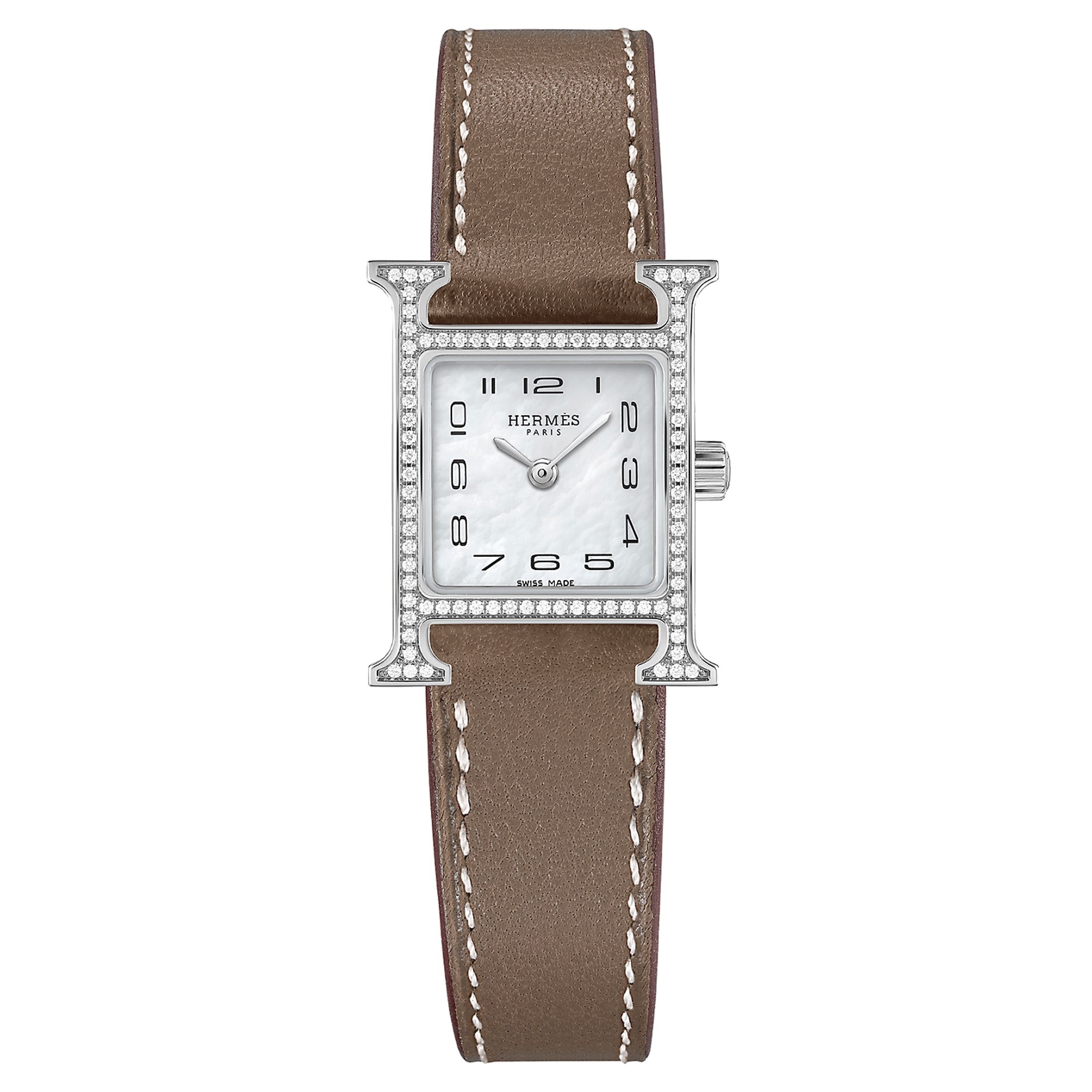 Montre HERMÈS Heure H Mini Modèle sertie quartz cadran nacre blanche bracelet cuir taupe 21 mm